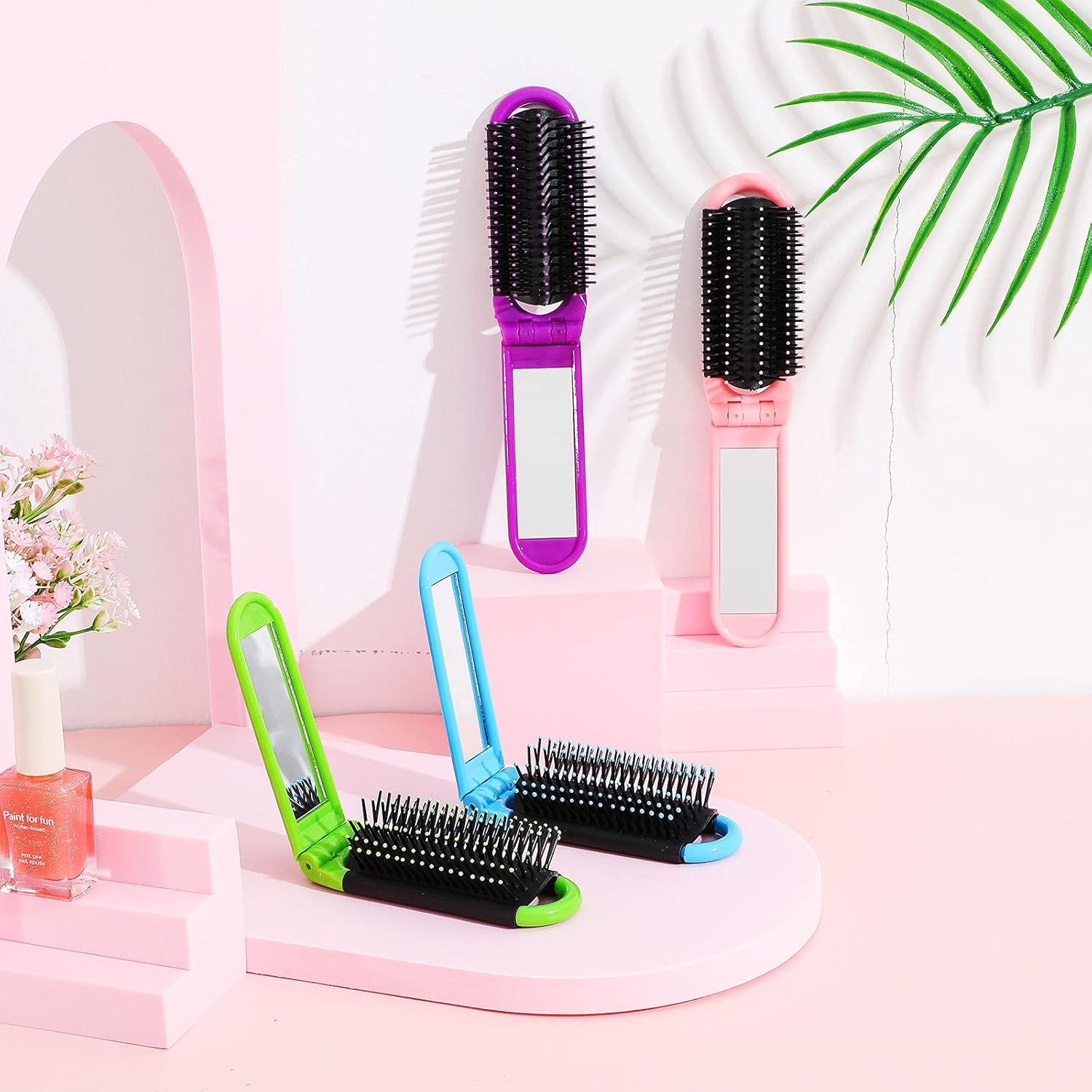 Queekay 12 Cepillos de Pelo Plegables con Espejo Portátil