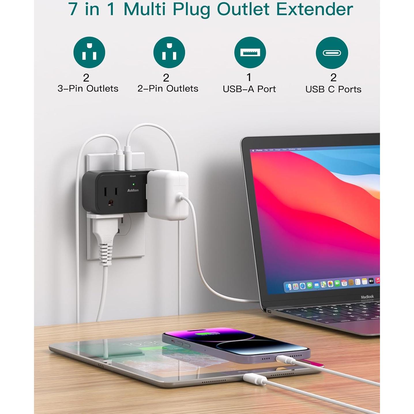 Regleta de Viaje Addtam 4 Salidas AC 3 USB para Cruceros