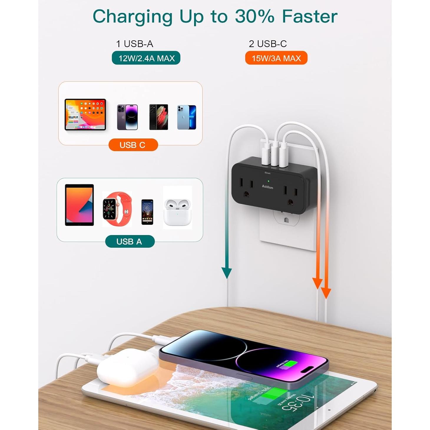 Regleta de Viaje Addtam 4 Salidas AC 3 USB para Cruceros