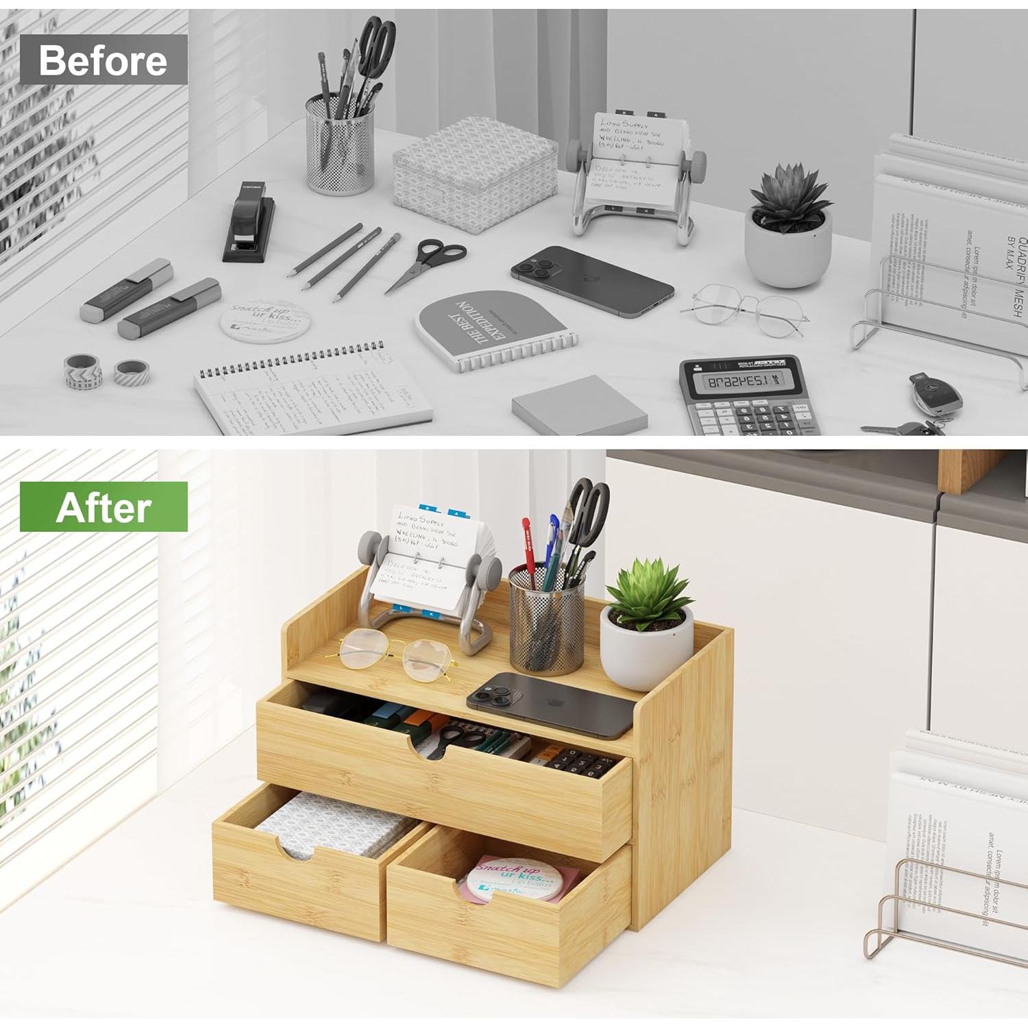 Organizador de Escritorio de Bambú Wisdture 3 Cajones 19x33x20cm