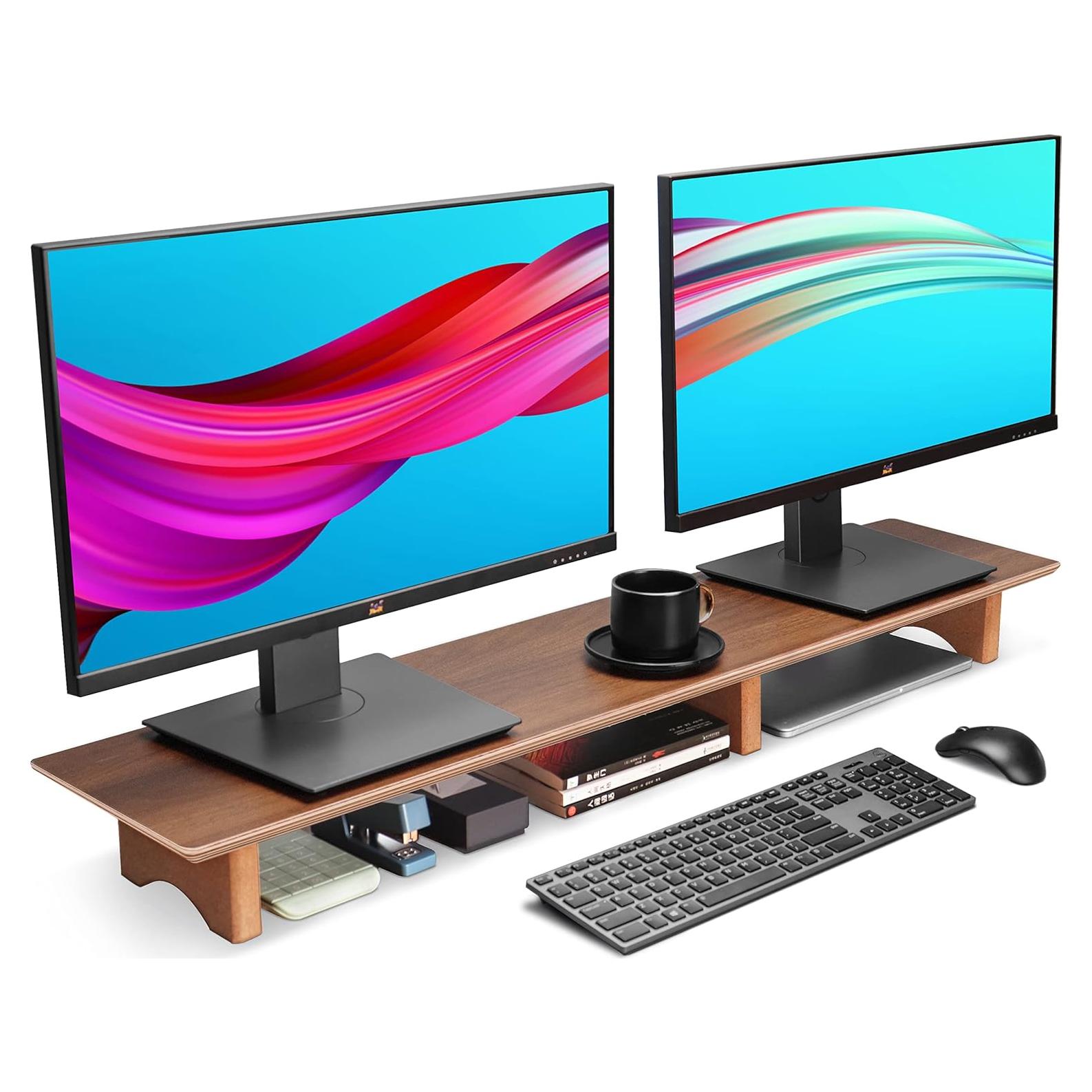 Soporte Elevador Doble para Monitor Aothia de Madera Nogal