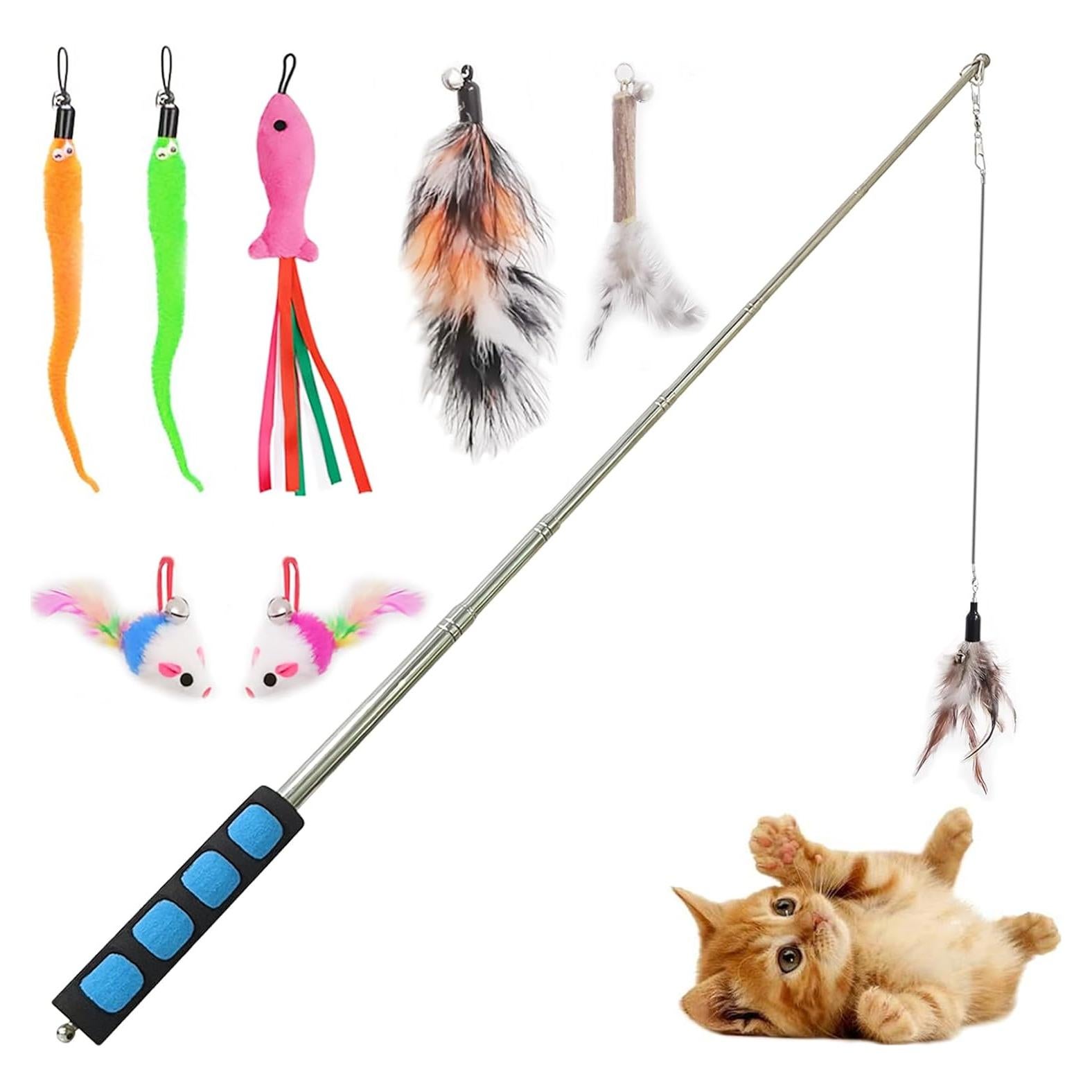Polo de Pesca para Gatos Whefory con Pluma y Campana Azul