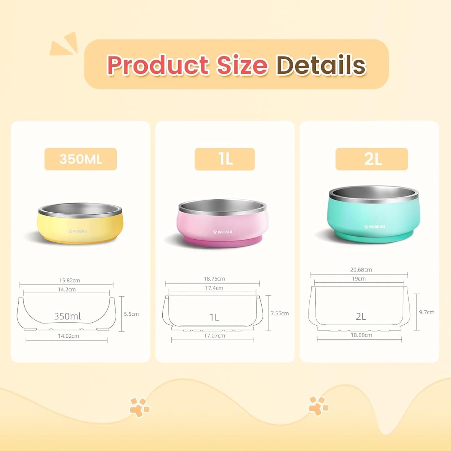 Tazón para Mascotas Pawaii 12 oz Acero Inoxidable Amarillo