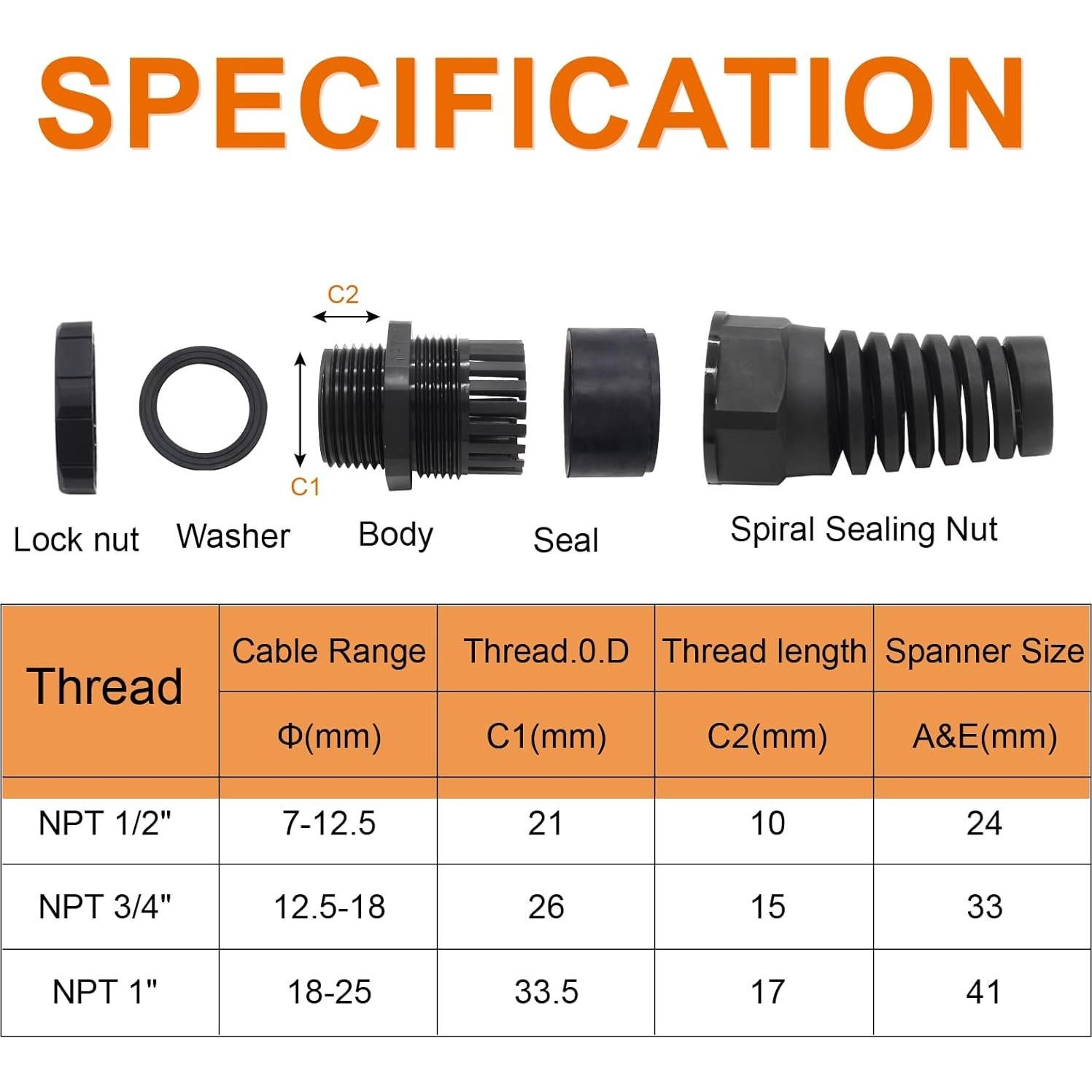 2 Piezas Glandes de Cable Impermeables IP68 Nylon Negro NPT 1"