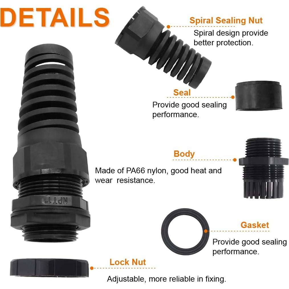 2 Piezas Glandes de Cable Impermeables IP68 Nylon Negro NPT 1"