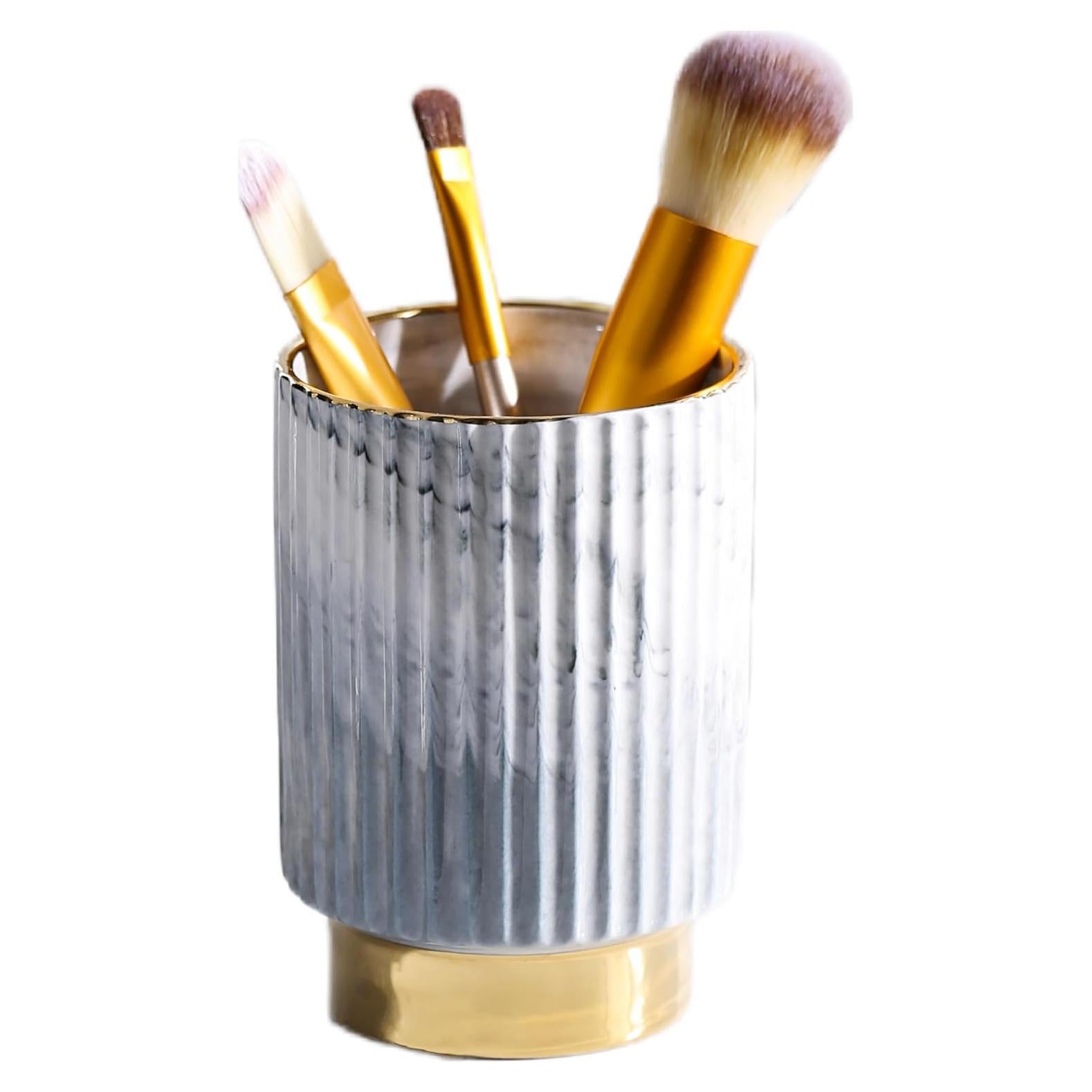 Organizador de Brochas de Maquillaje IEEK - Cerámica Gris y Dorada