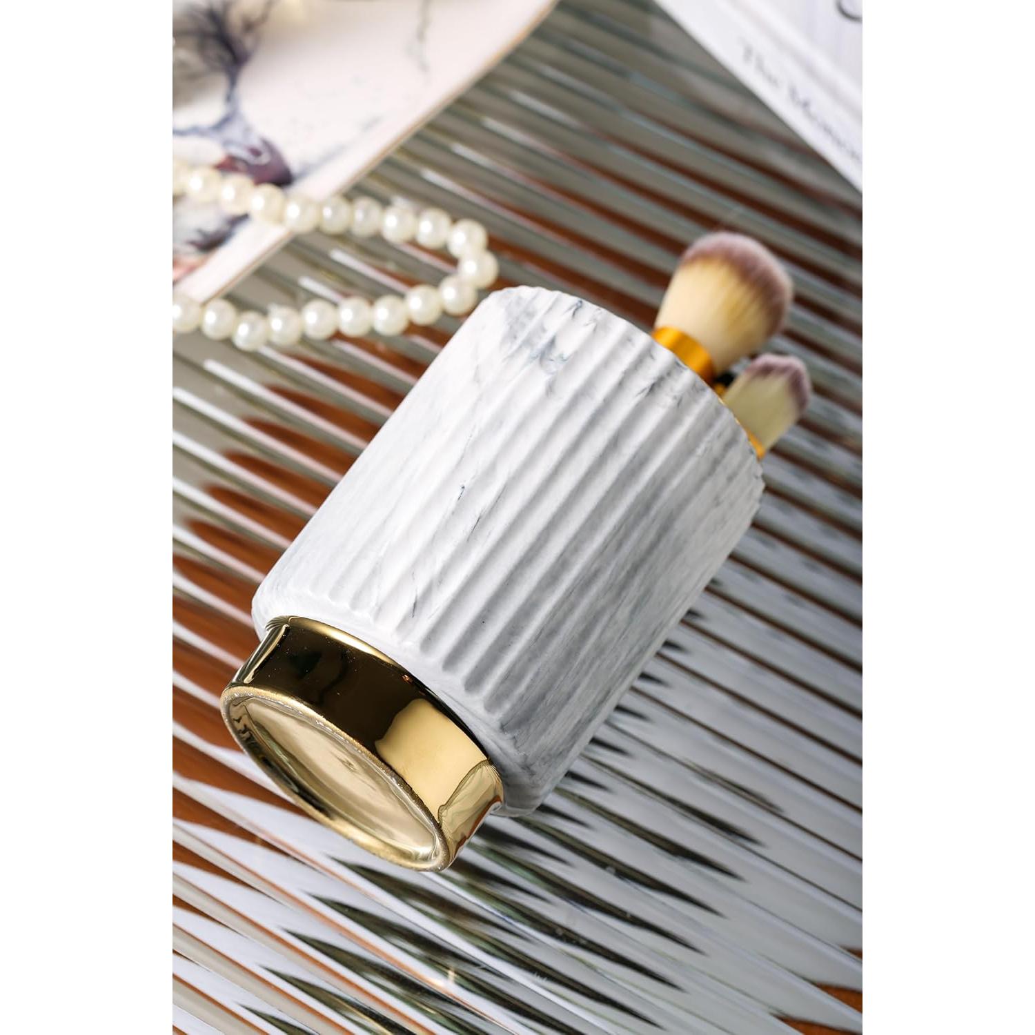 Organizador de Brochas de Maquillaje IEEK - Cerámica Gris y Dorada