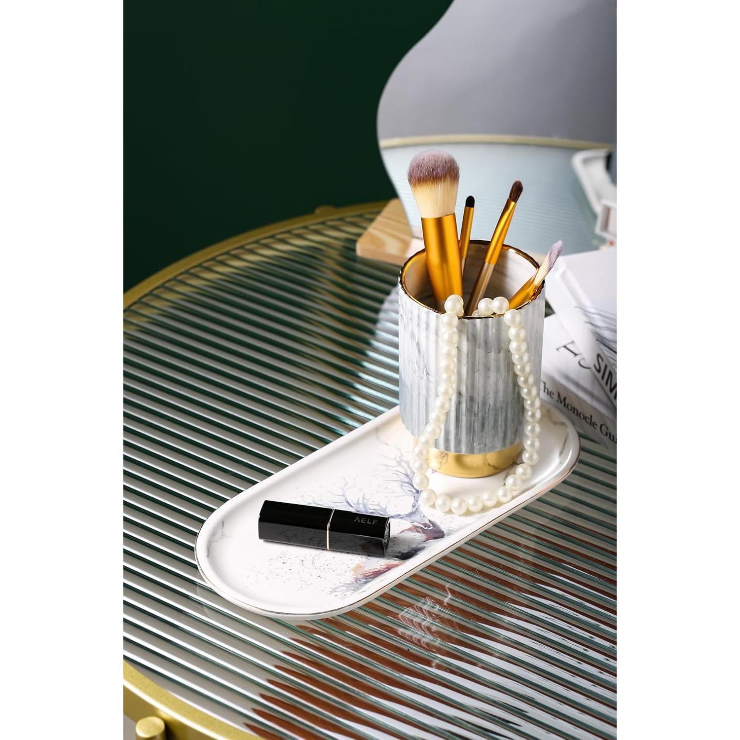 Organizador de Brochas de Maquillaje IEEK - Cerámica Gris y Dorada