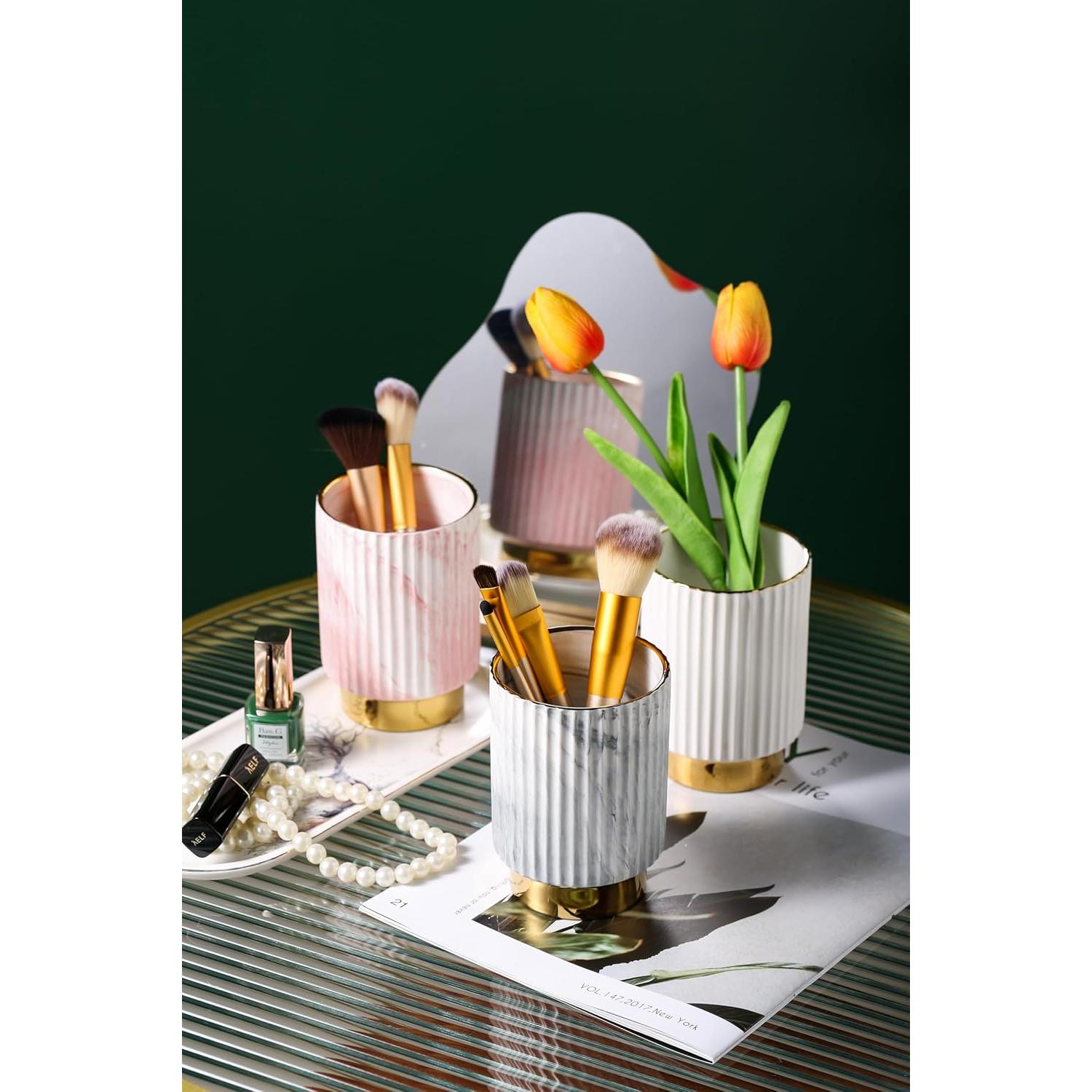 Organizador de Brochas de Maquillaje IEEK - Cerámica Gris y Dorada