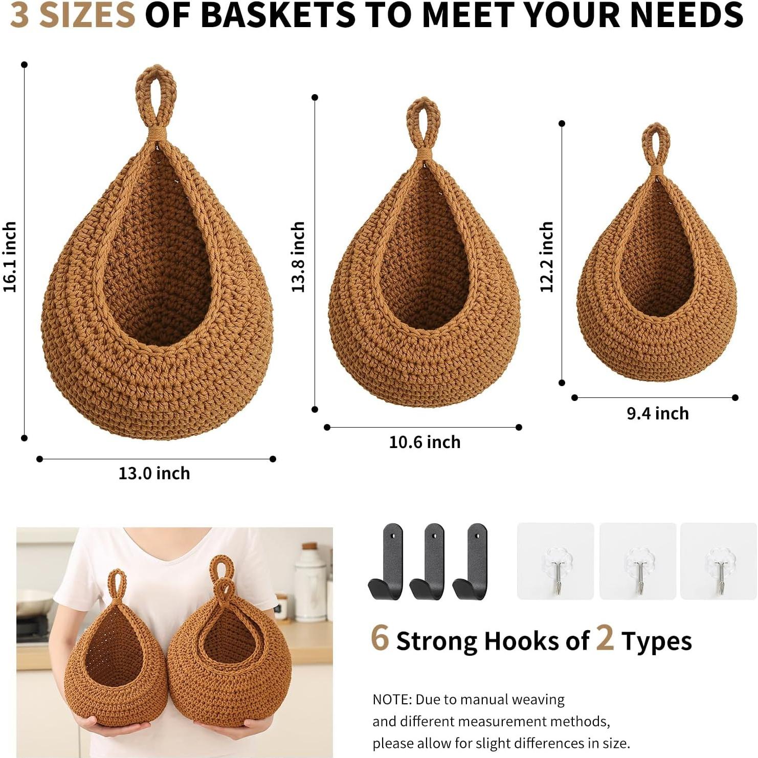 Cestas Colgantes de Algodón INJORAN - Set de 3 Boho Caramelo