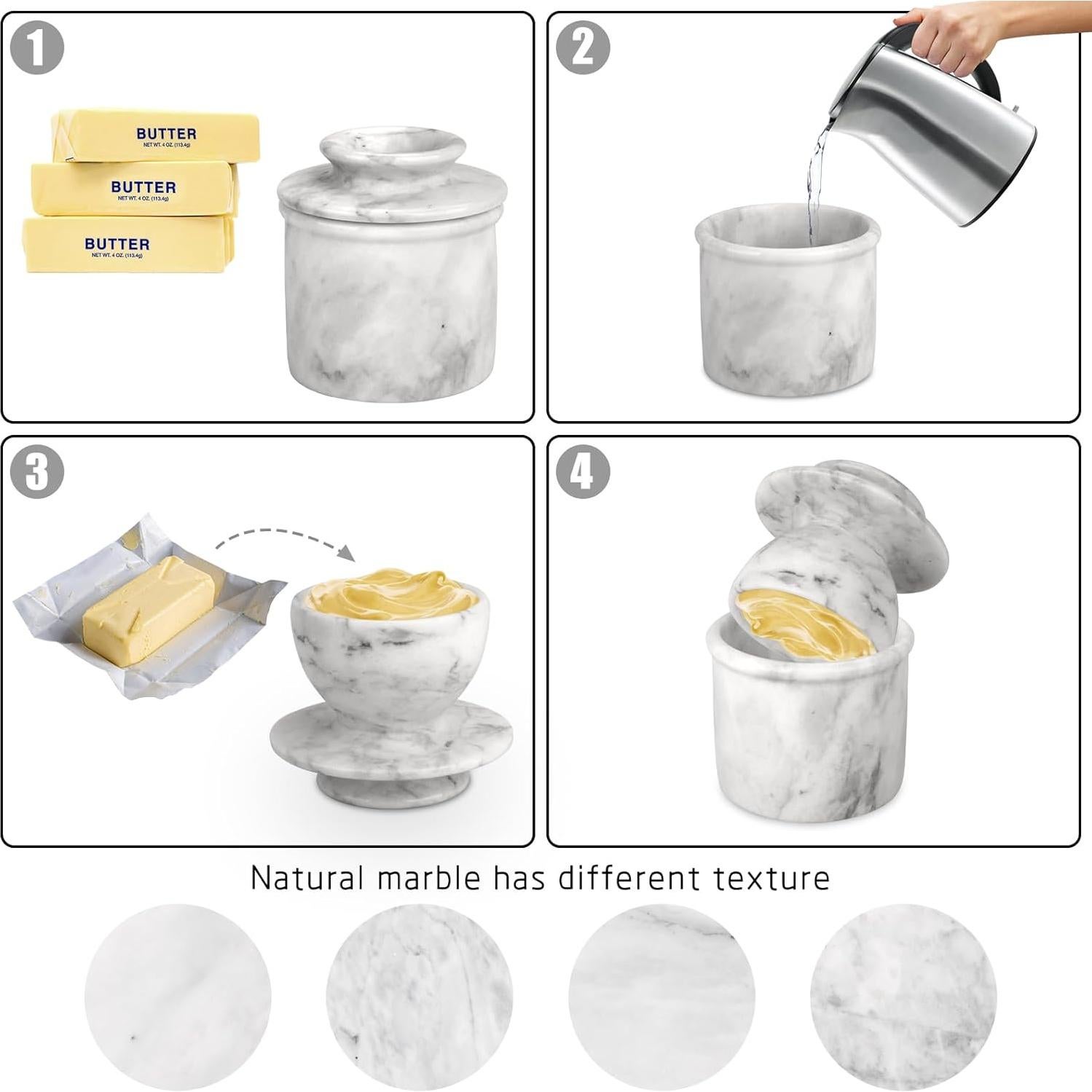 Crock de Mantequilla Grande TABHOUKIT de Mármol Blanco Gris