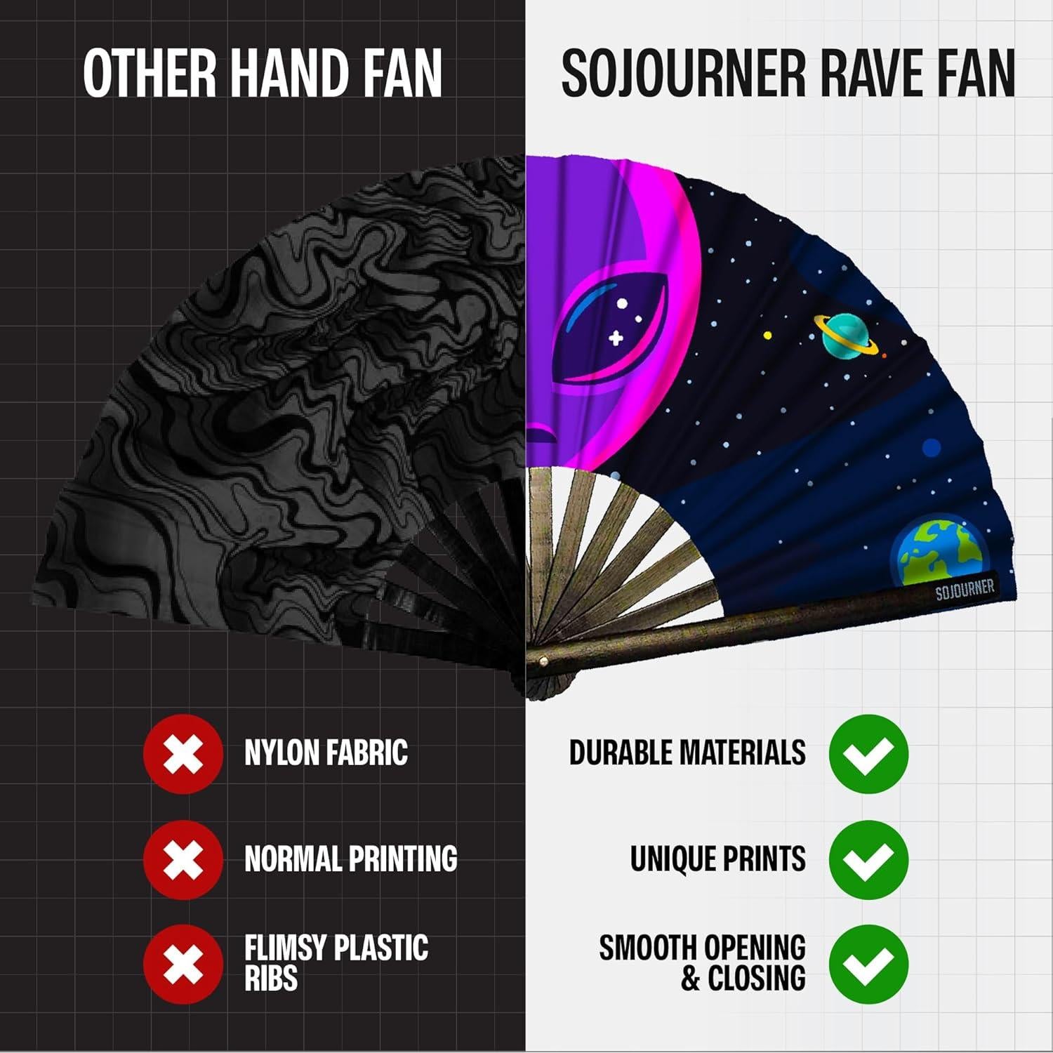 Abanico Plegable SoJourner Rave Alien - Brillante y Ligero