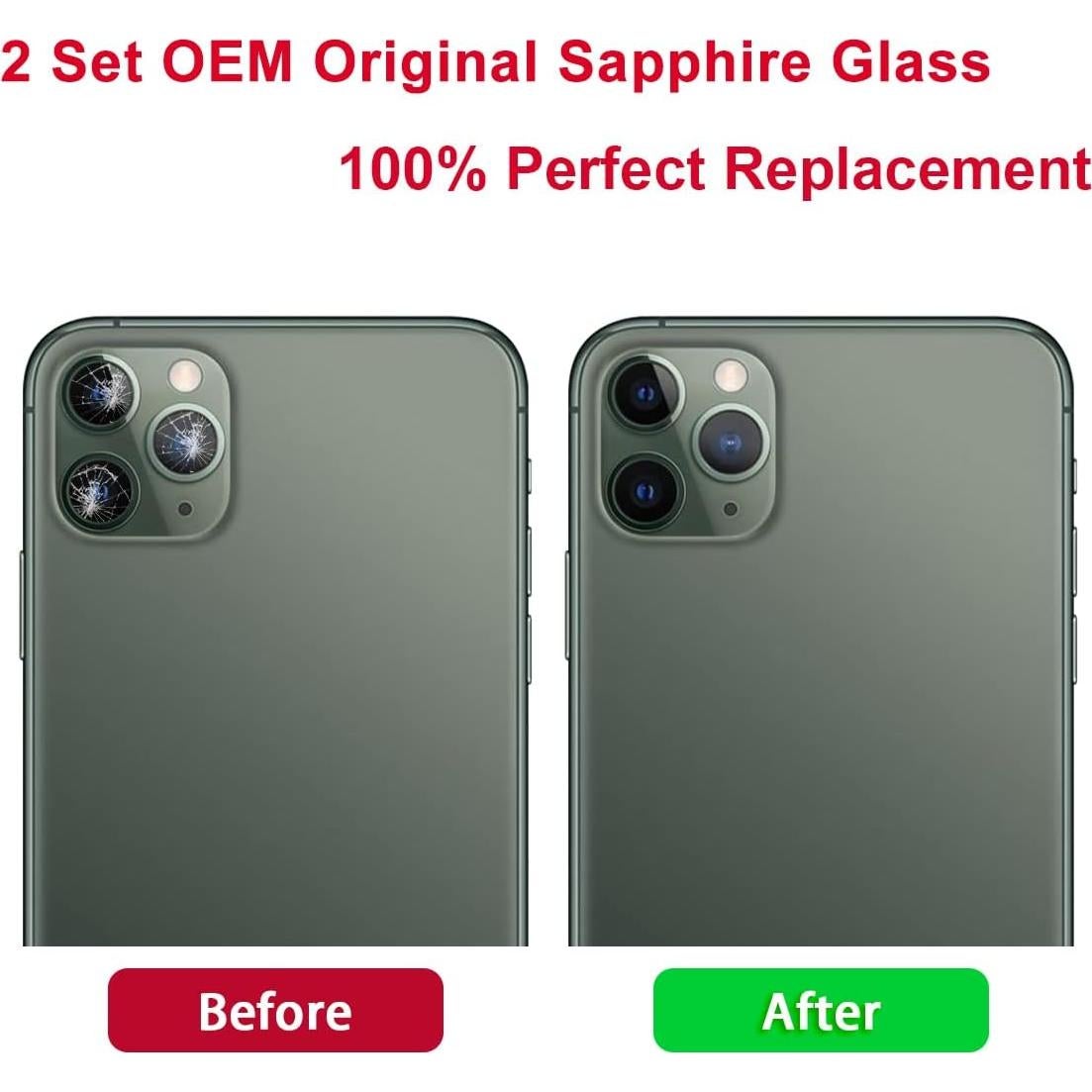 Reemplazo Lente de Cámara Trasera Original Perzework para iPhone 11 Pro Max/Pro - 2 Set con Adhesivo y Kit de Herramientas