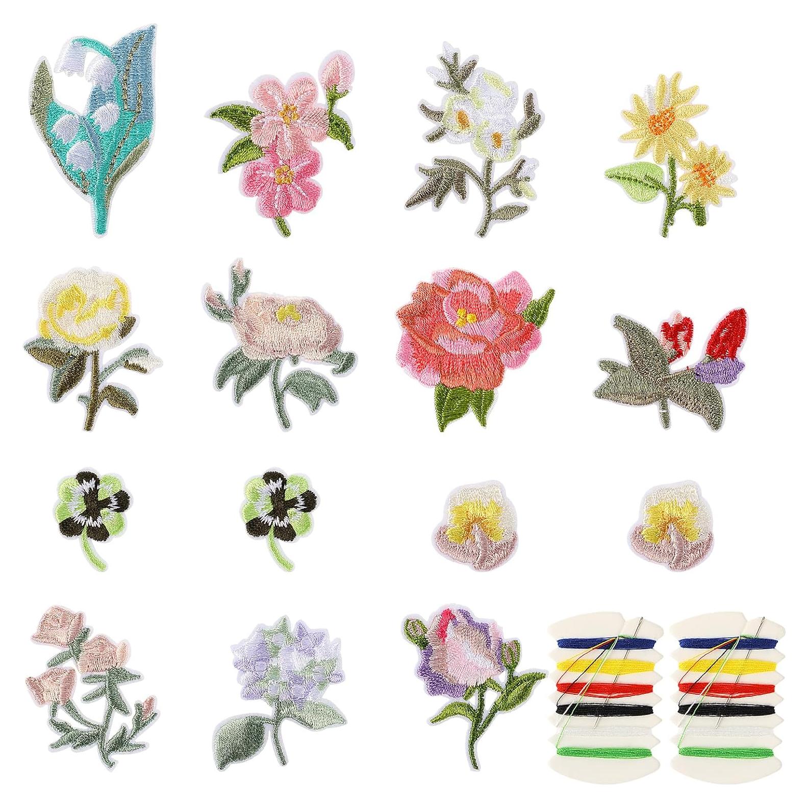 15 Piezas Parche Bordado Flores KALIONE para Planchar y Coser