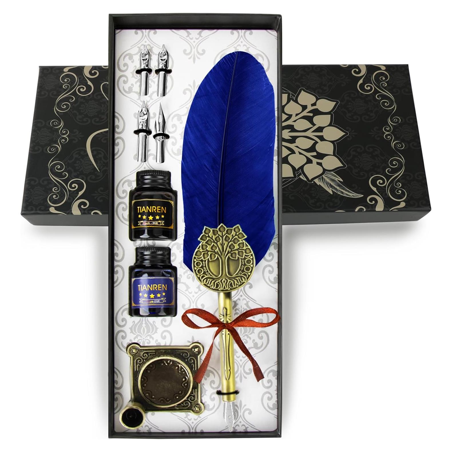Juego de Caligrafía TIANREN con Pluma de Ave y Tinta Azul
