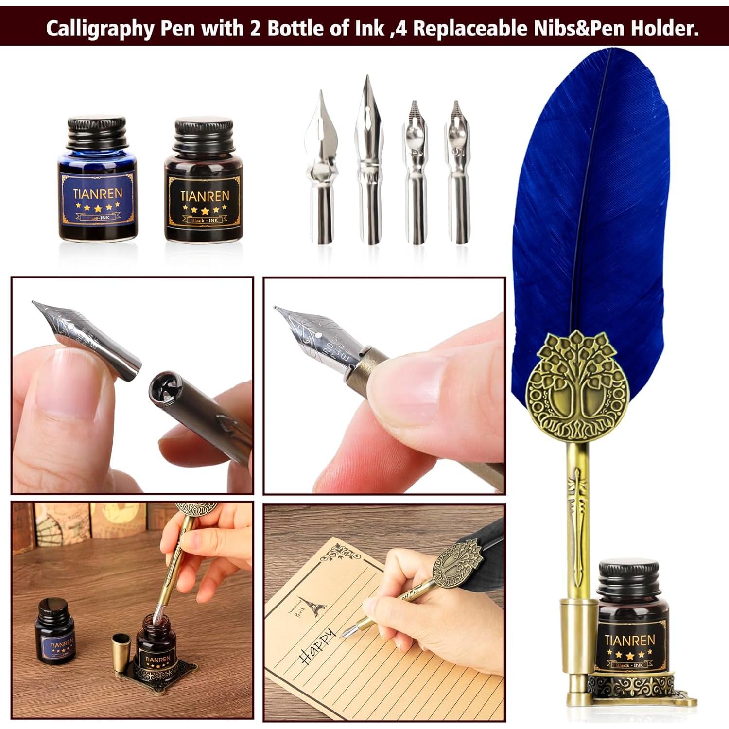 Juego de Caligrafía TIANREN con Pluma de Ave y Tinta Azul
