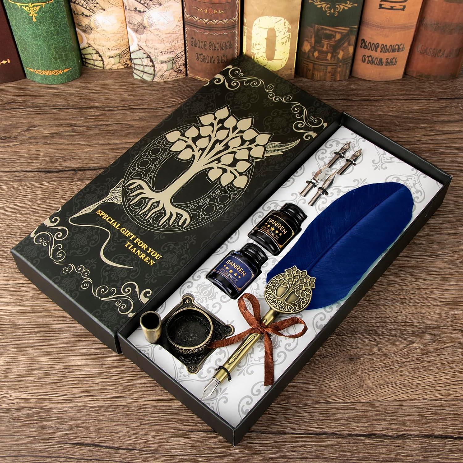 Juego de Caligrafía TIANREN con Pluma de Ave y Tinta Azul
