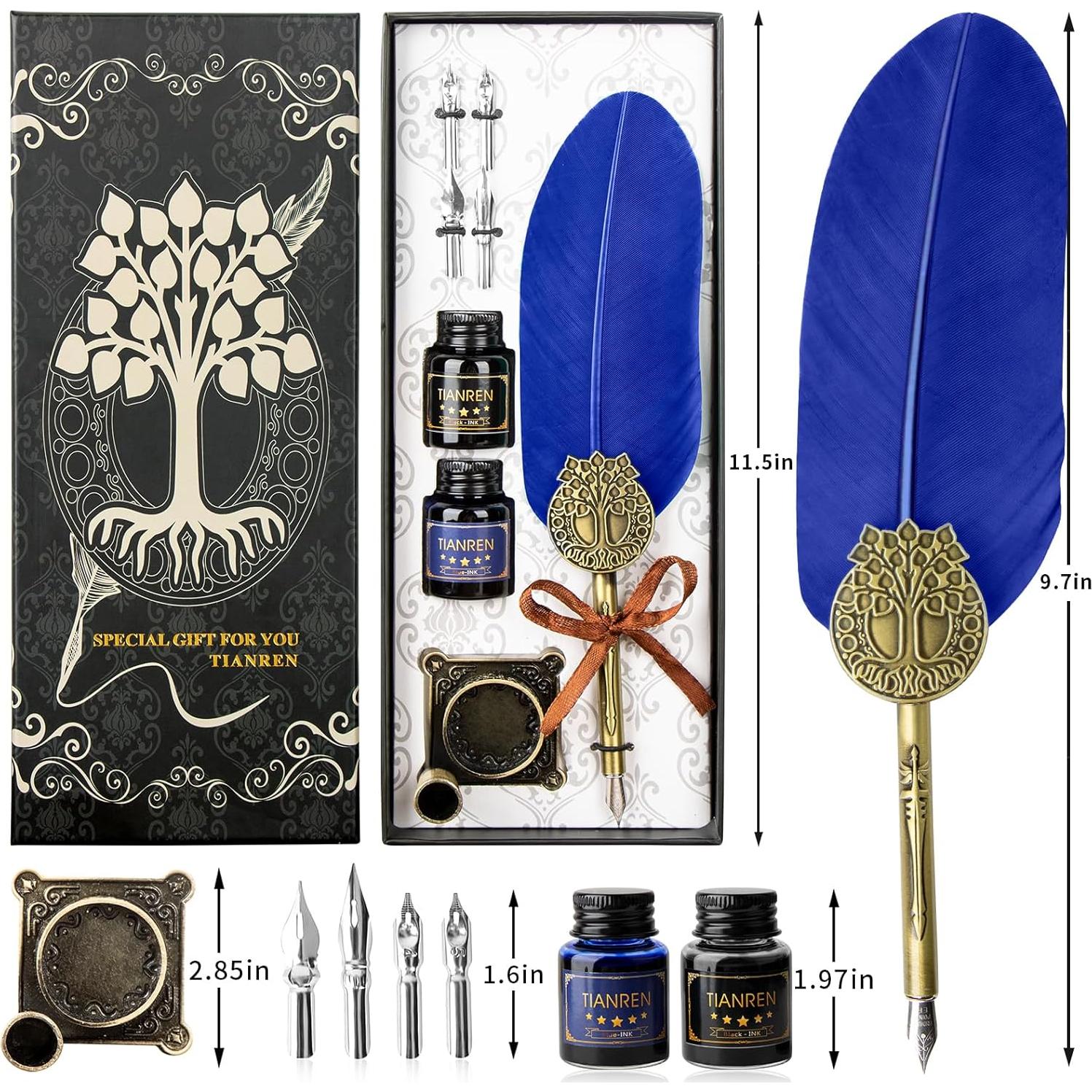 Juego de Caligrafía TIANREN con Pluma de Ave y Tinta Azul