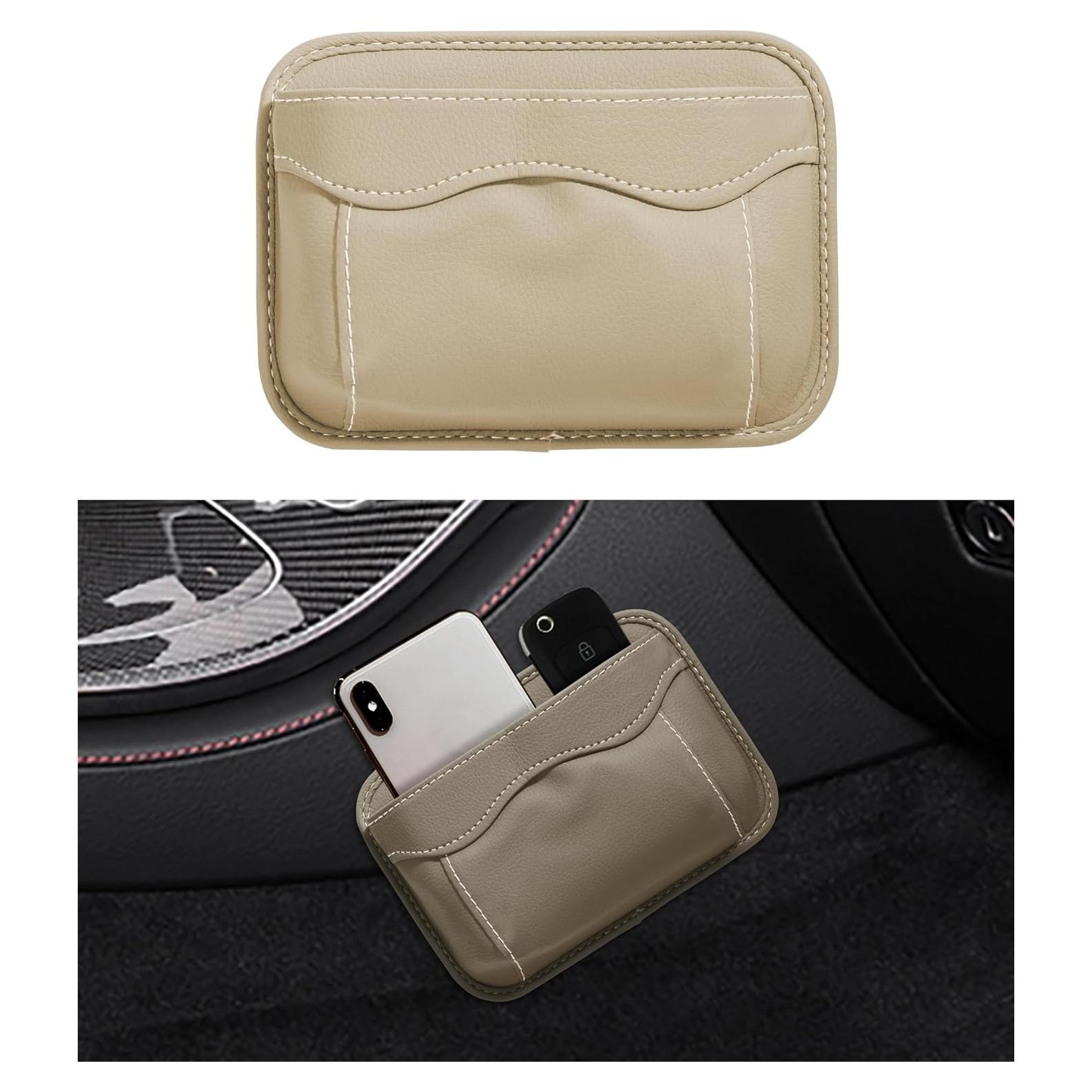 YAKEFLY Car Seat Side Pocket Organizer PU Leather Holder with Cell Phone Sunglasses Gap Filler Mini Storage Bag, Interior Accessories Organizer (Beige)