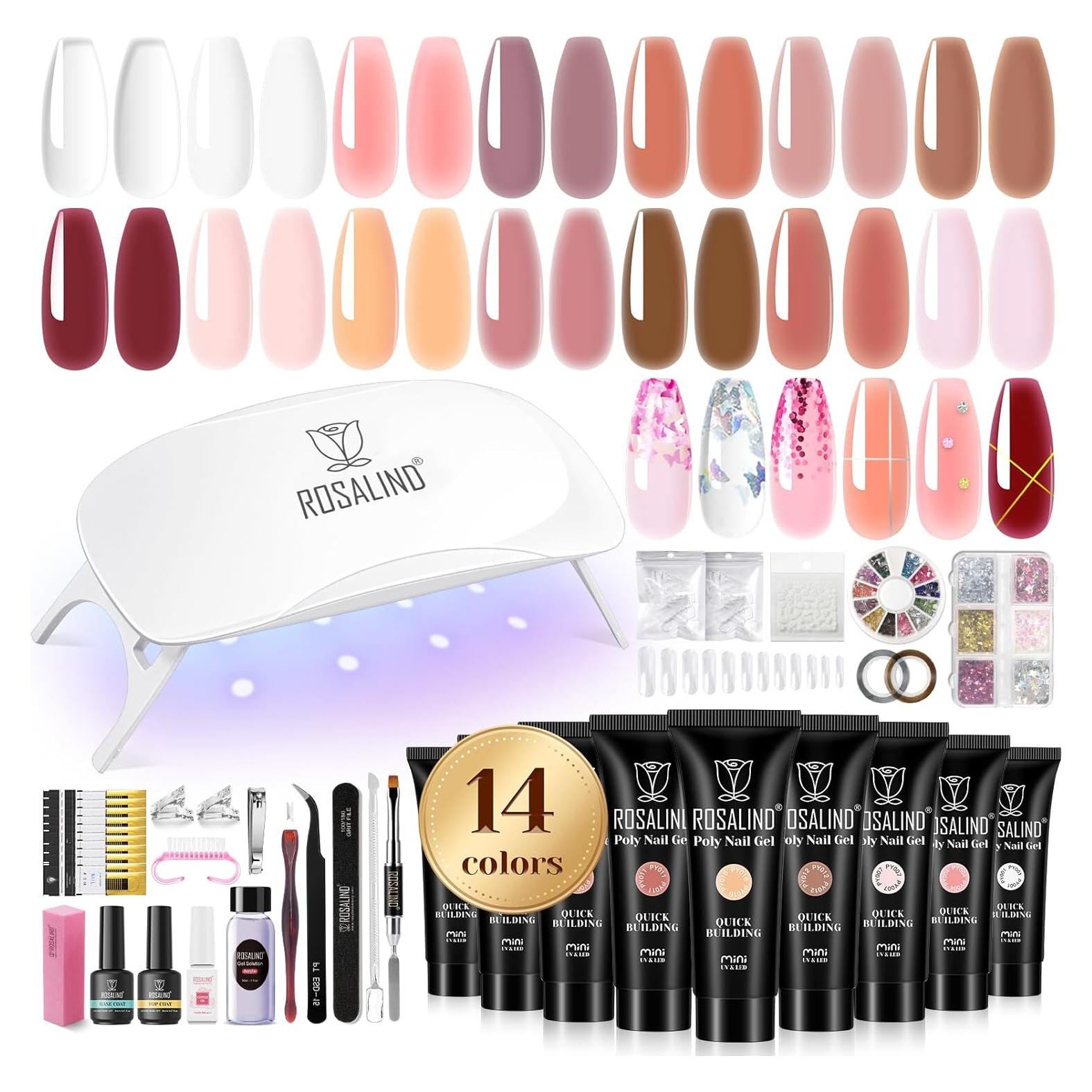 Kit de Gel de Uñas Poly ROSALIND - 14 Colores + Mini Lámpara UV