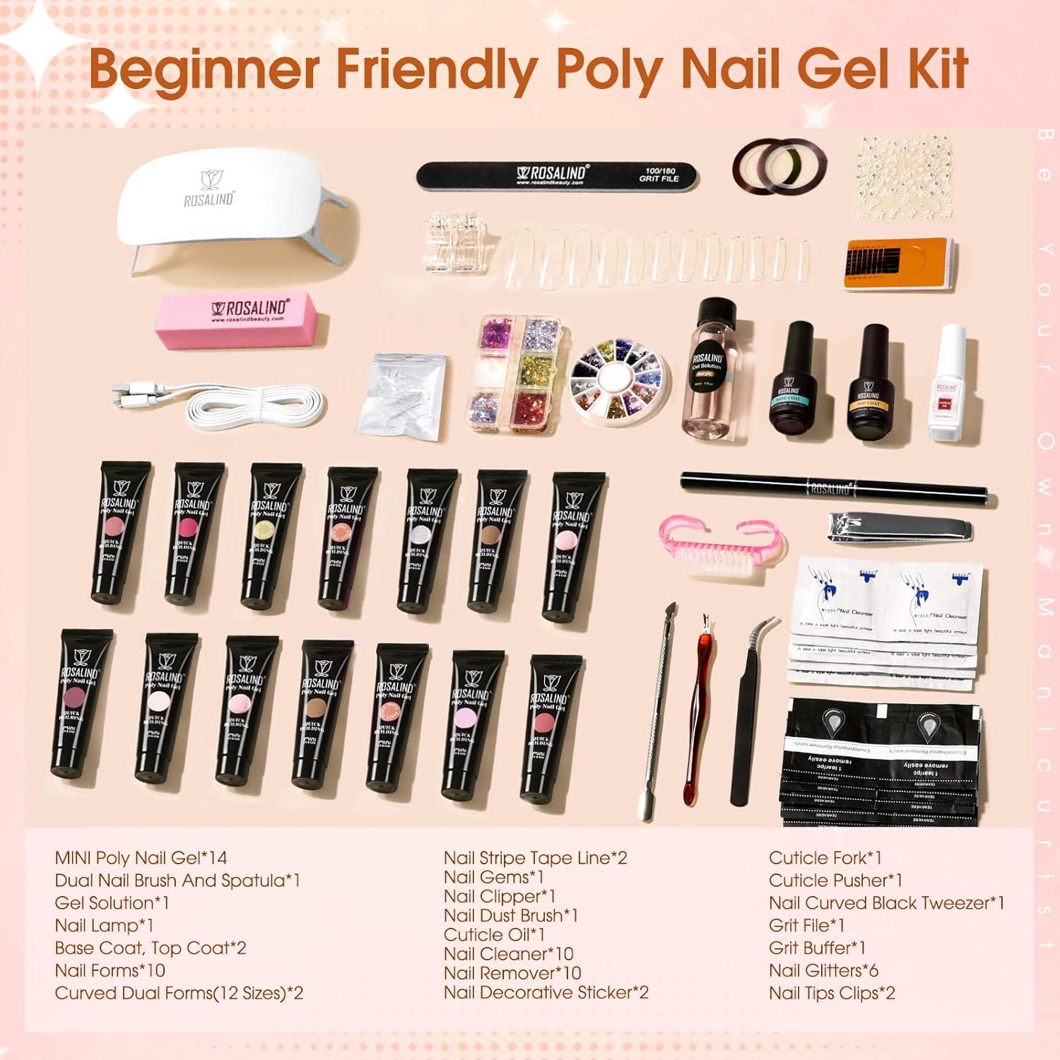 Kit de Gel de Uñas Poly ROSALIND - 14 Colores + Mini Lámpara UV