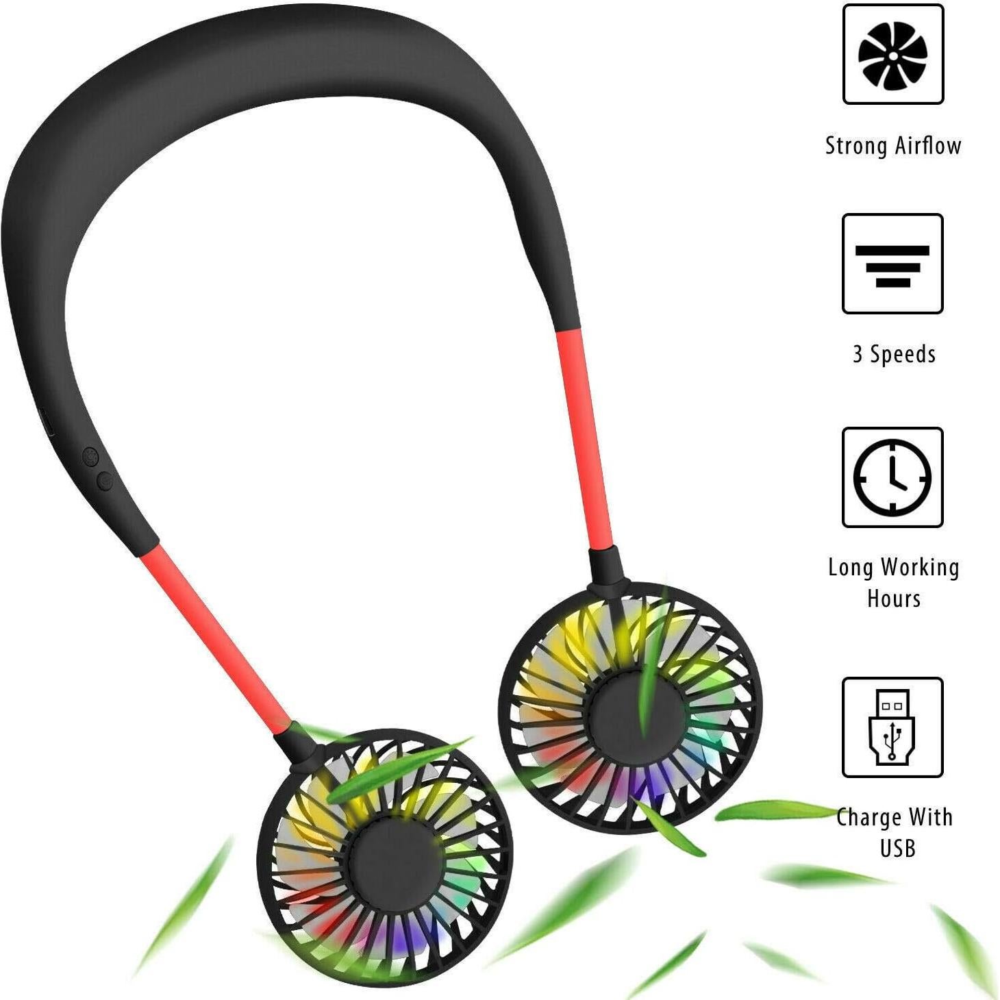 Ventilador de Cuello ANYPOWK Recargable 3 Velocidades LED Negro