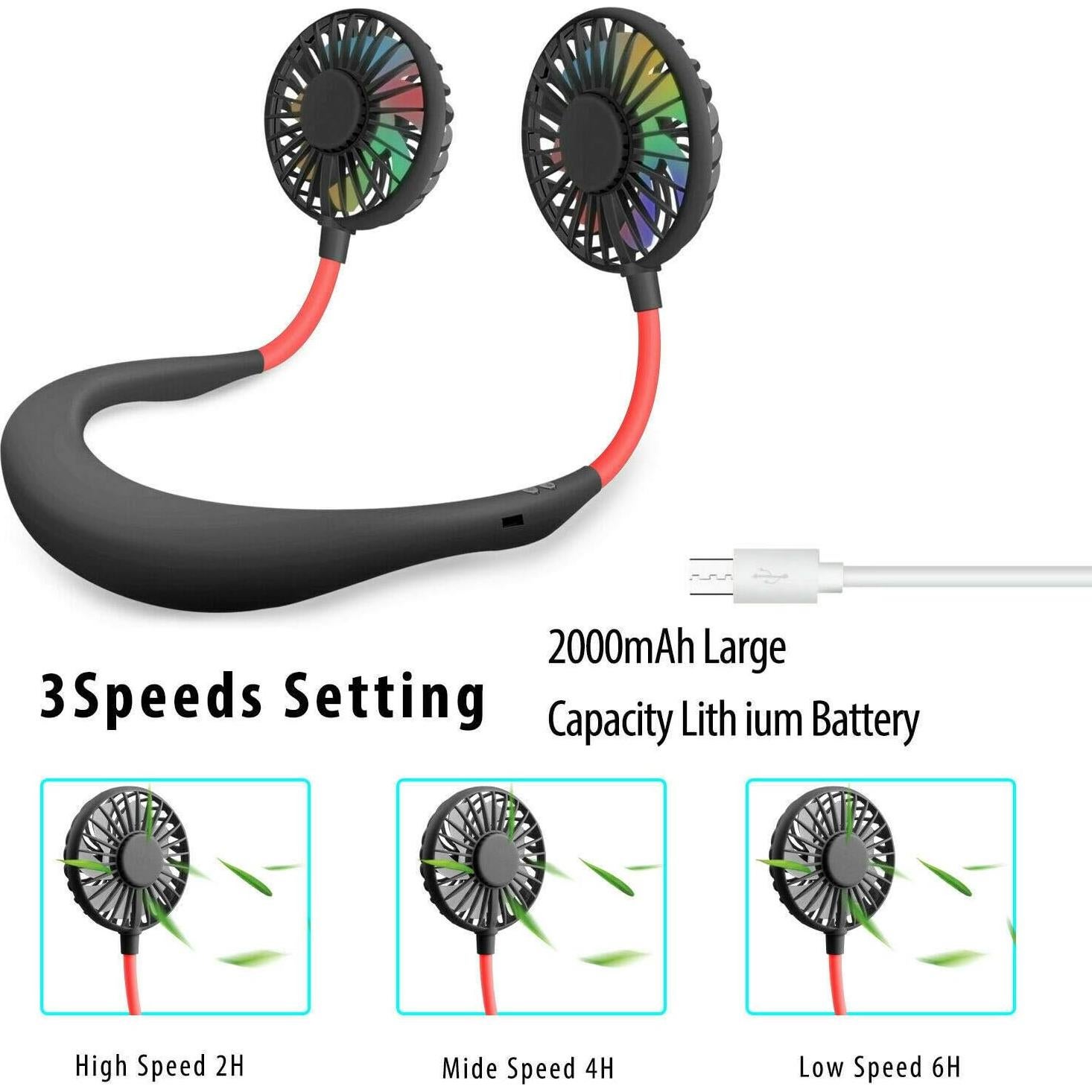 Ventilador de Cuello ANYPOWK Recargable 3 Velocidades LED Negro