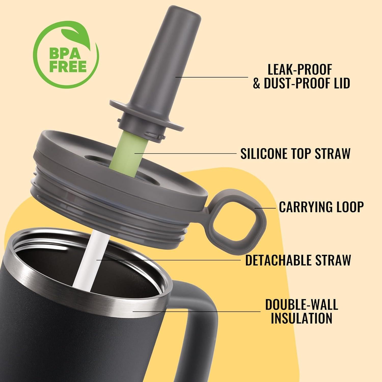 Taza de Agua Aislada Fijinhom 32oz Negra con Pajilla y Tapa