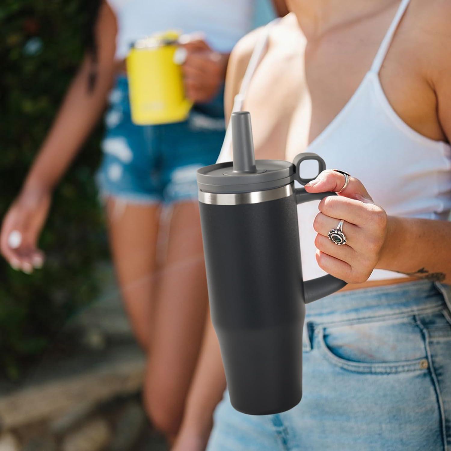 Taza de Agua Aislada Fijinhom 32oz Negra con Pajilla y Tapa