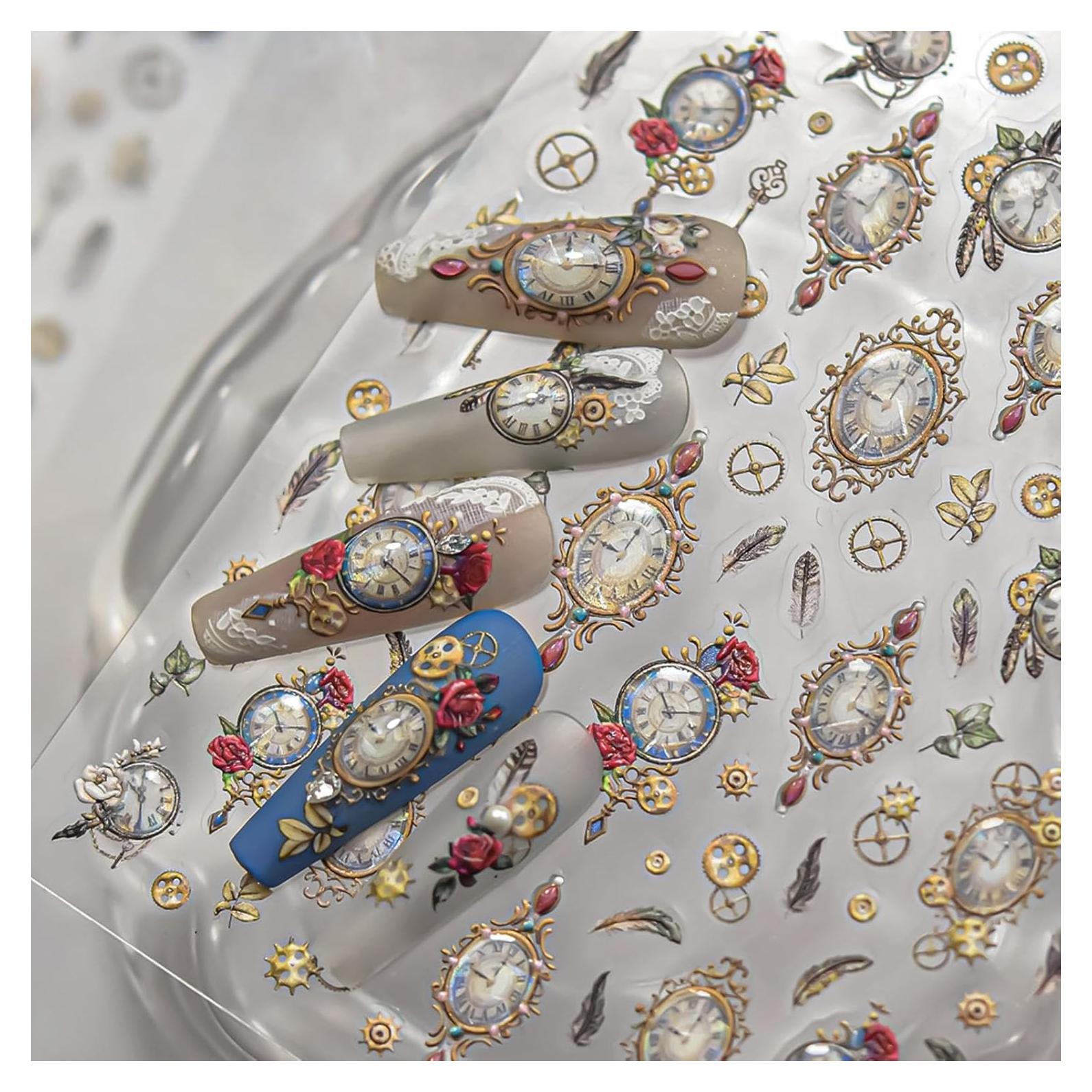 Calcomanías de Uñas Vintage NBNTGH Reloj 5D Autoadhesivas