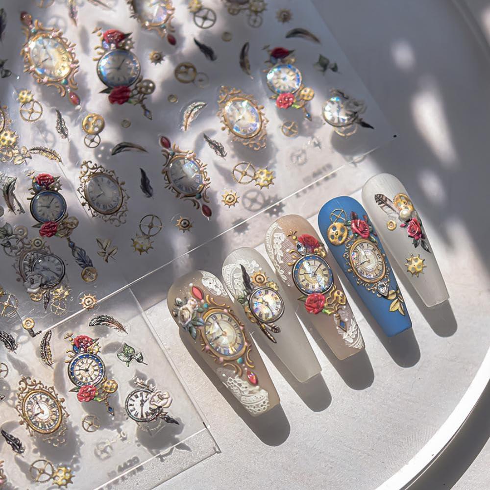 Calcomanías de Uñas Vintage NBNTGH Reloj 5D Autoadhesivas