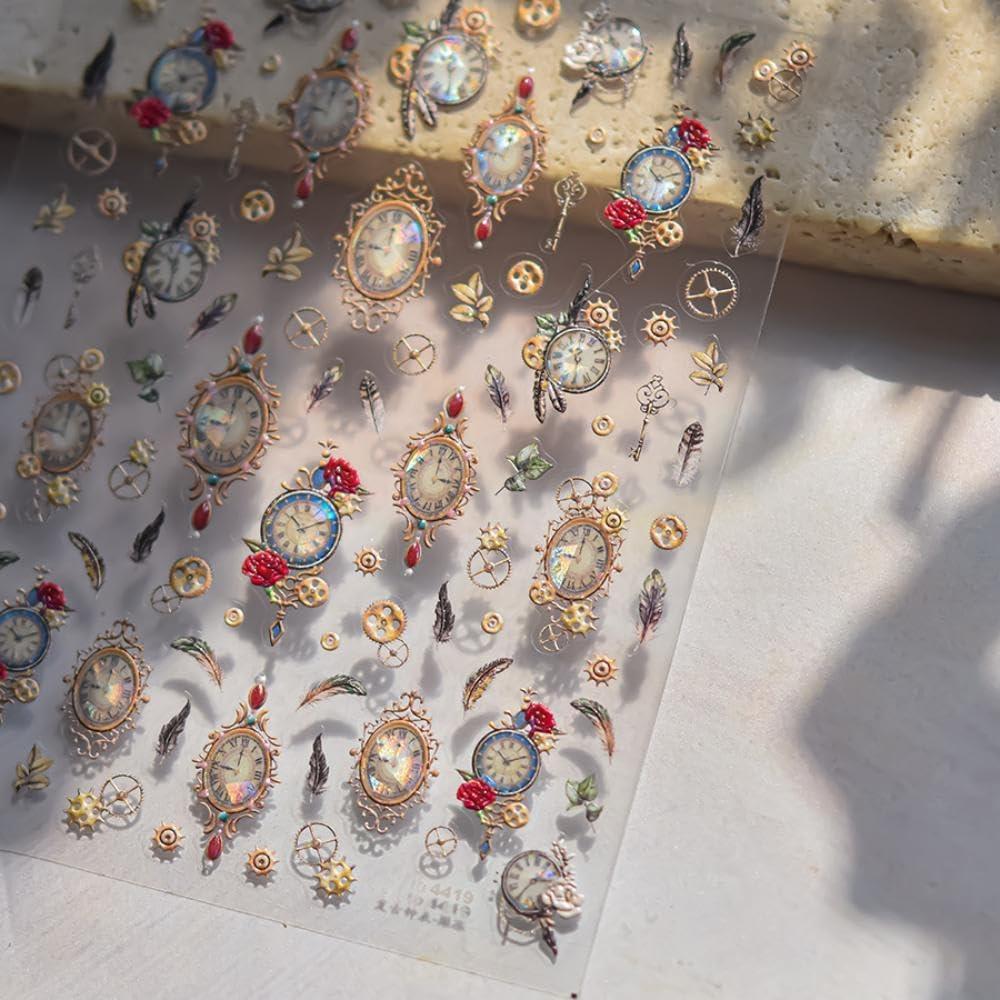 Calcomanías de Uñas Vintage NBNTGH Reloj 5D Autoadhesivas