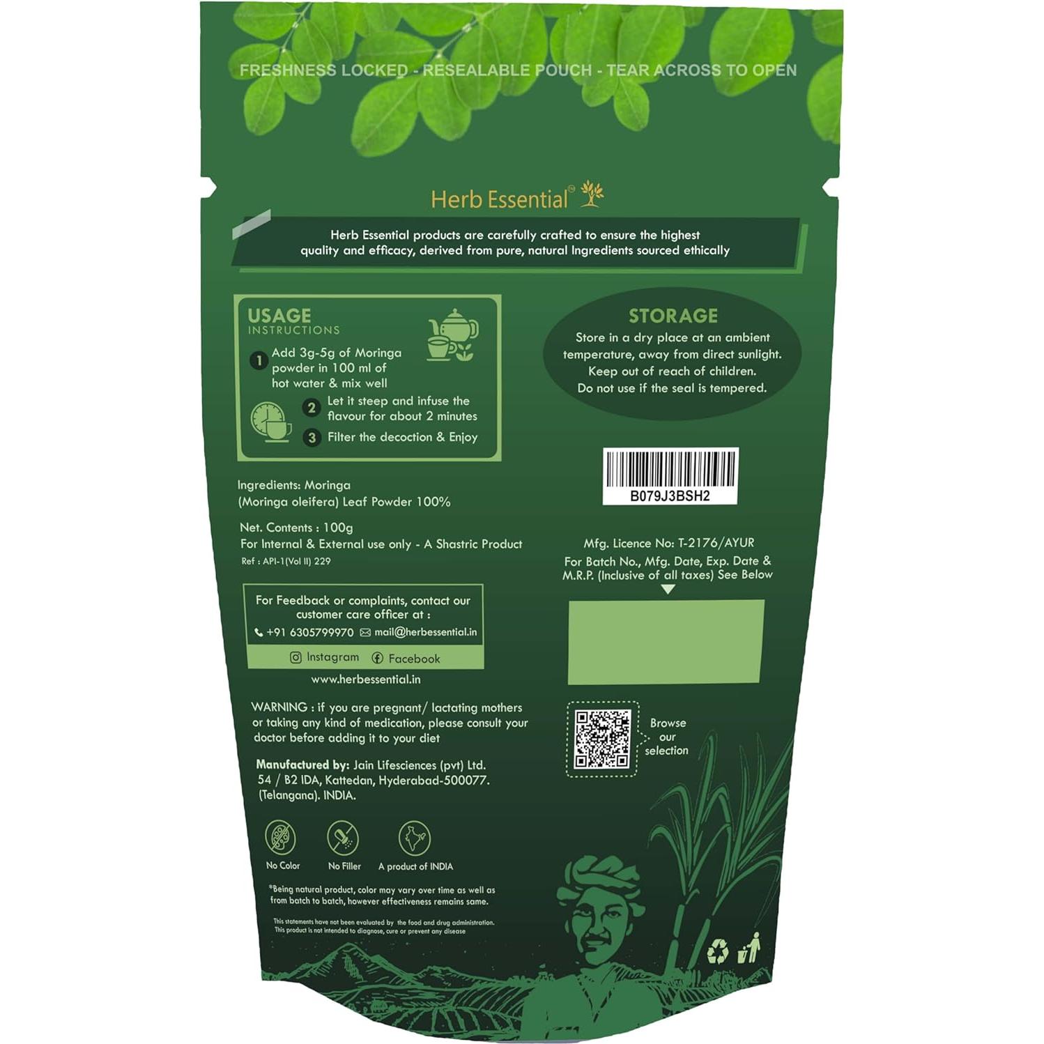 Polvo de Moringa 100g Herb Essential - Superfood Natural Vegano
