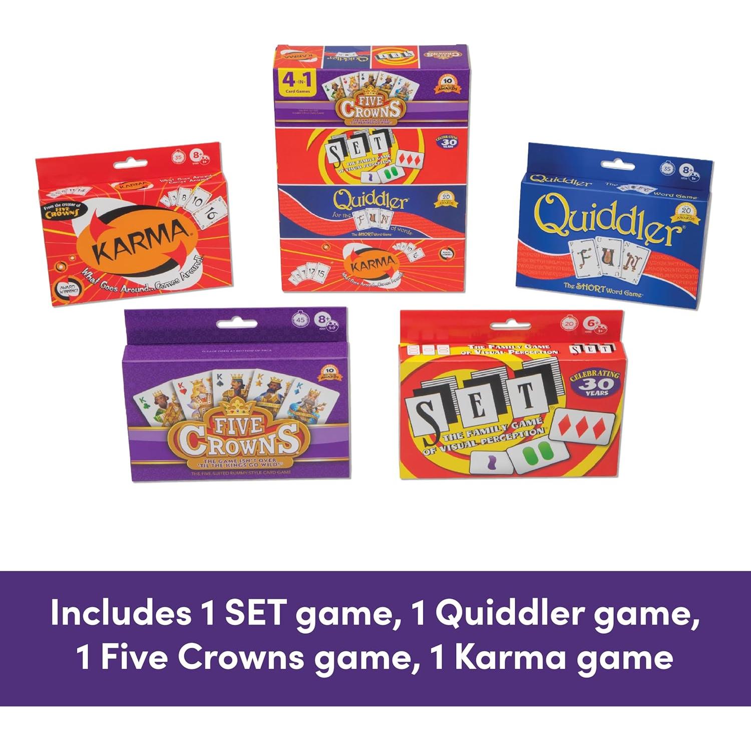 Paquete de 4 Juegos de Cartas Five Crowns - SET, Quiddler, Karma