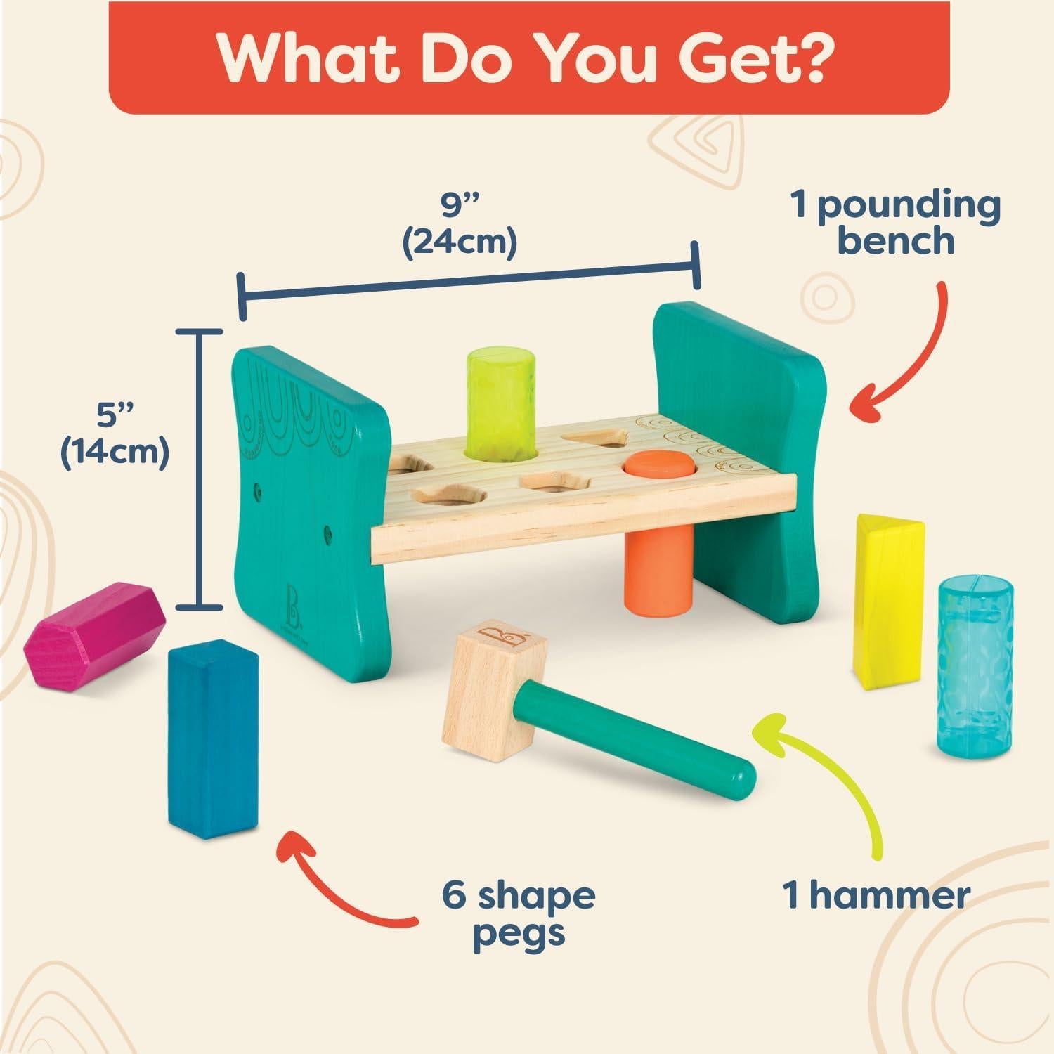 Banco de Golpes B. toys - Clasificador de Formas de Madera - 6 Formas y Martillo - Juguete para Niños 2+ Años