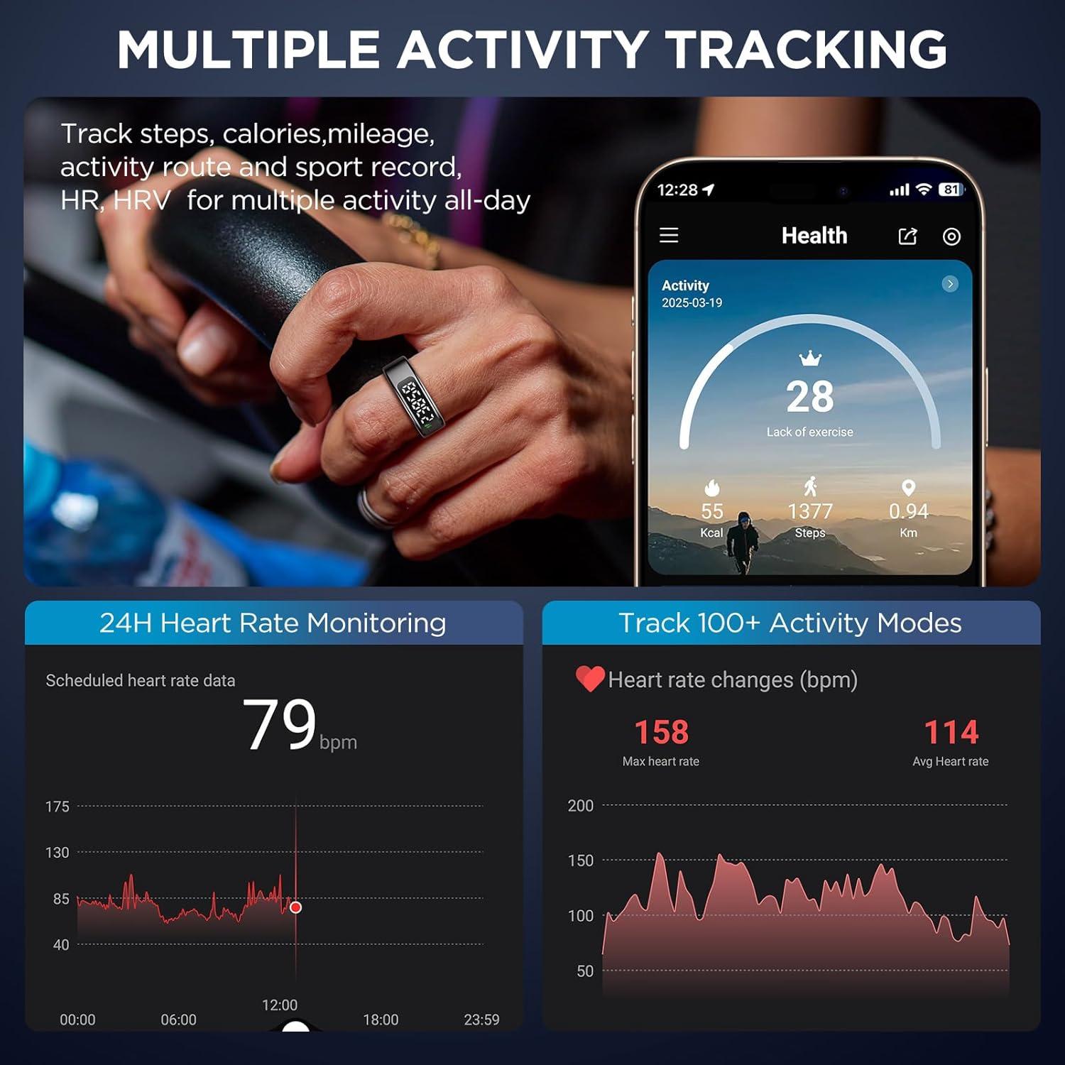 Anillo Inteligente de Fitness Emerhome R11 Negro 8# Monitoreo Salud