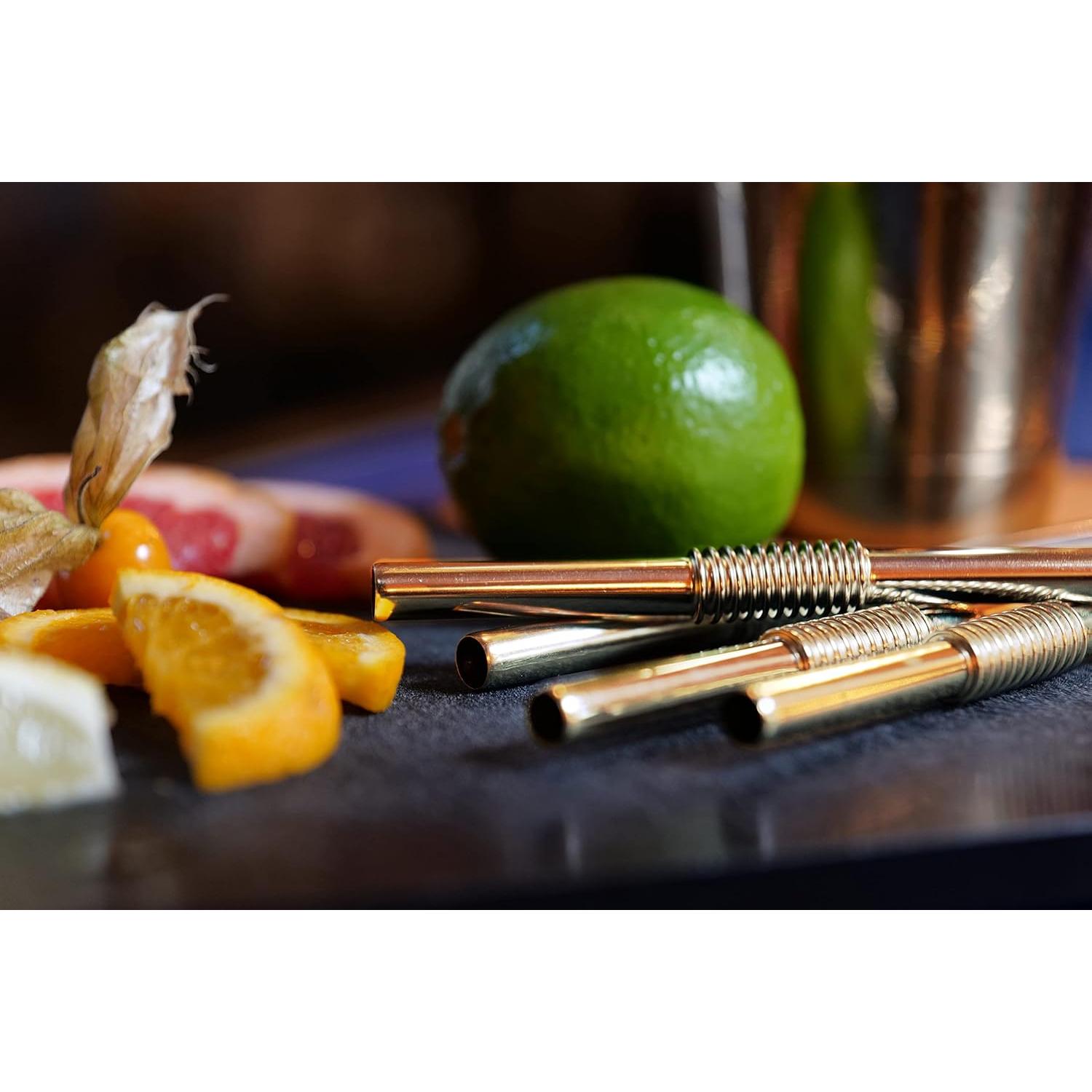 Popotes Flexibles de Acero Inoxidable HalmBrüder - Set de 8 Oro