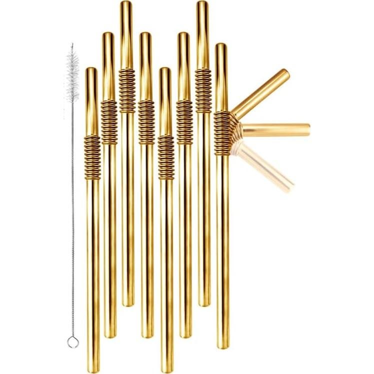 Popotes Flexibles de Acero Inoxidable HalmBrüder - Set de 8 Oro
