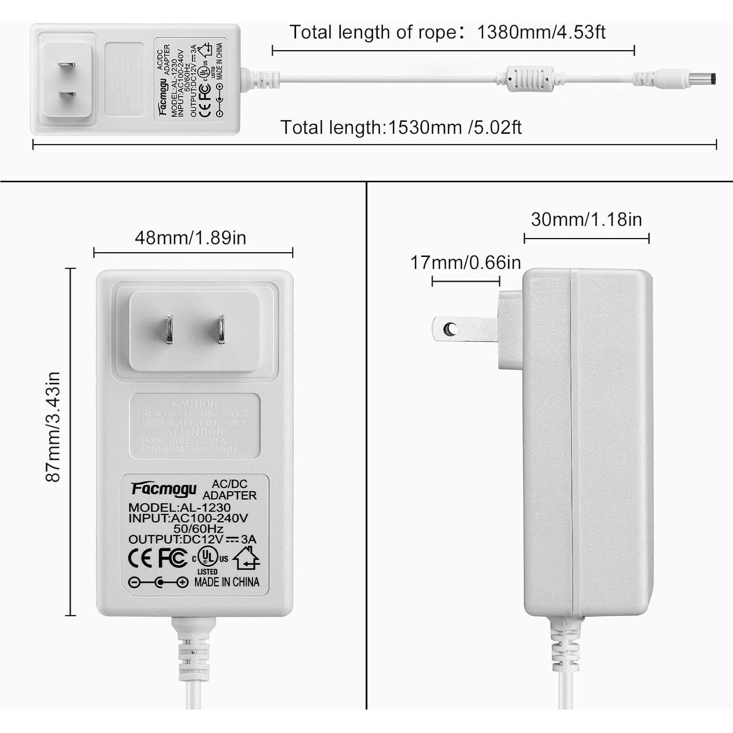 Adaptador de Alimentación 12V 3A Mo-gu con Cable 150cm