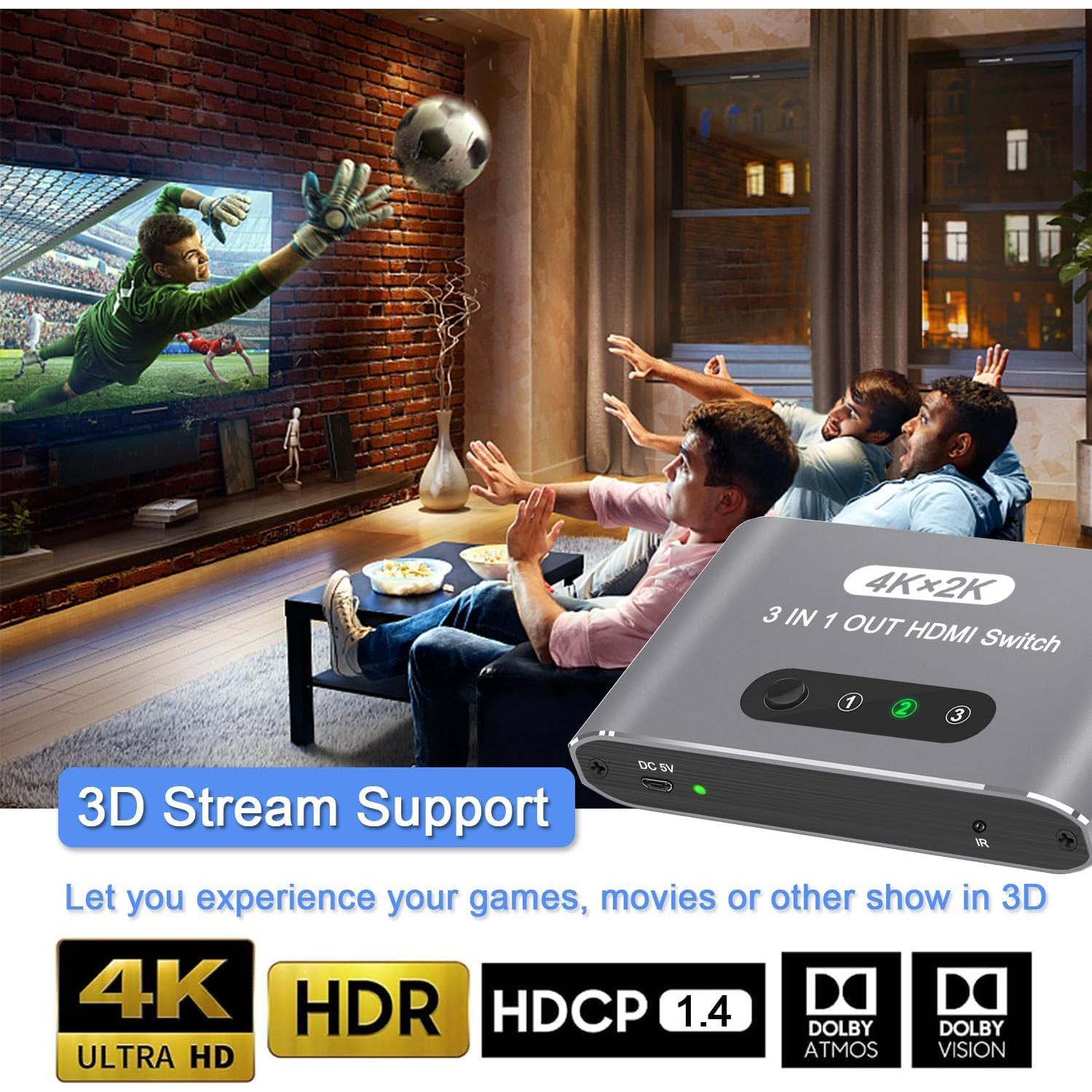 Interruptor HDMI 3 en 1 AUKOKIOULA 4K@60Hz con Control Remoto