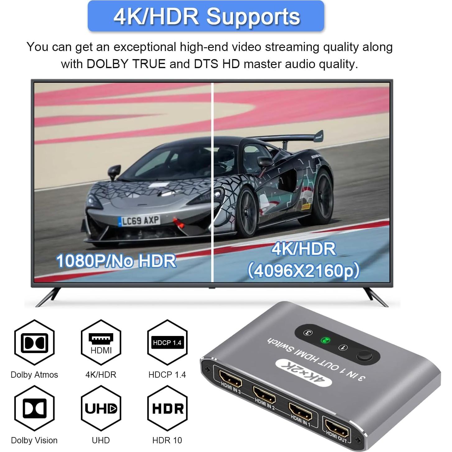 Interruptor HDMI 3 en 1 AUKOKIOULA 4K@60Hz con Control Remoto
