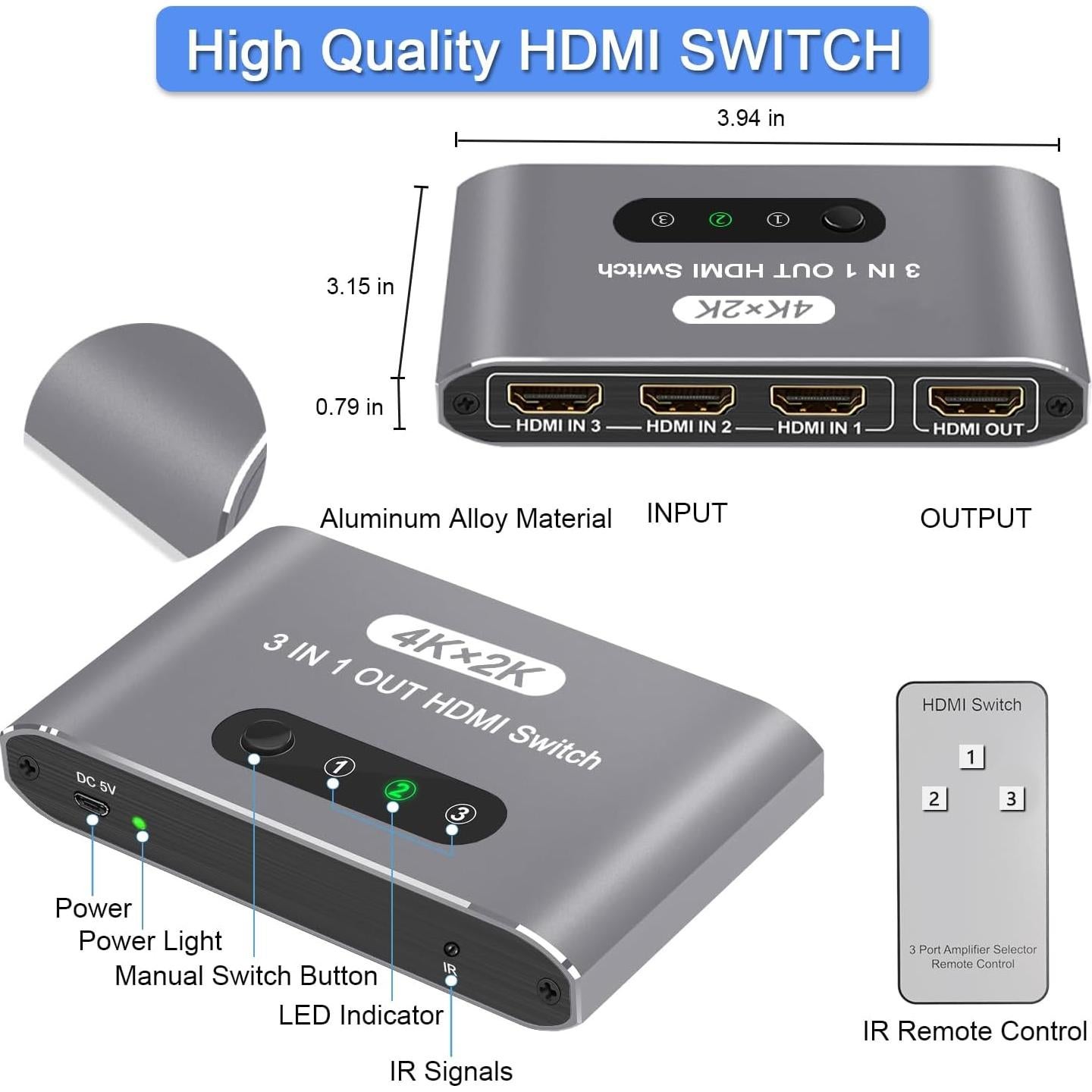 Interruptor HDMI 3 en 1 AUKOKIOULA 4K@60Hz con Control Remoto