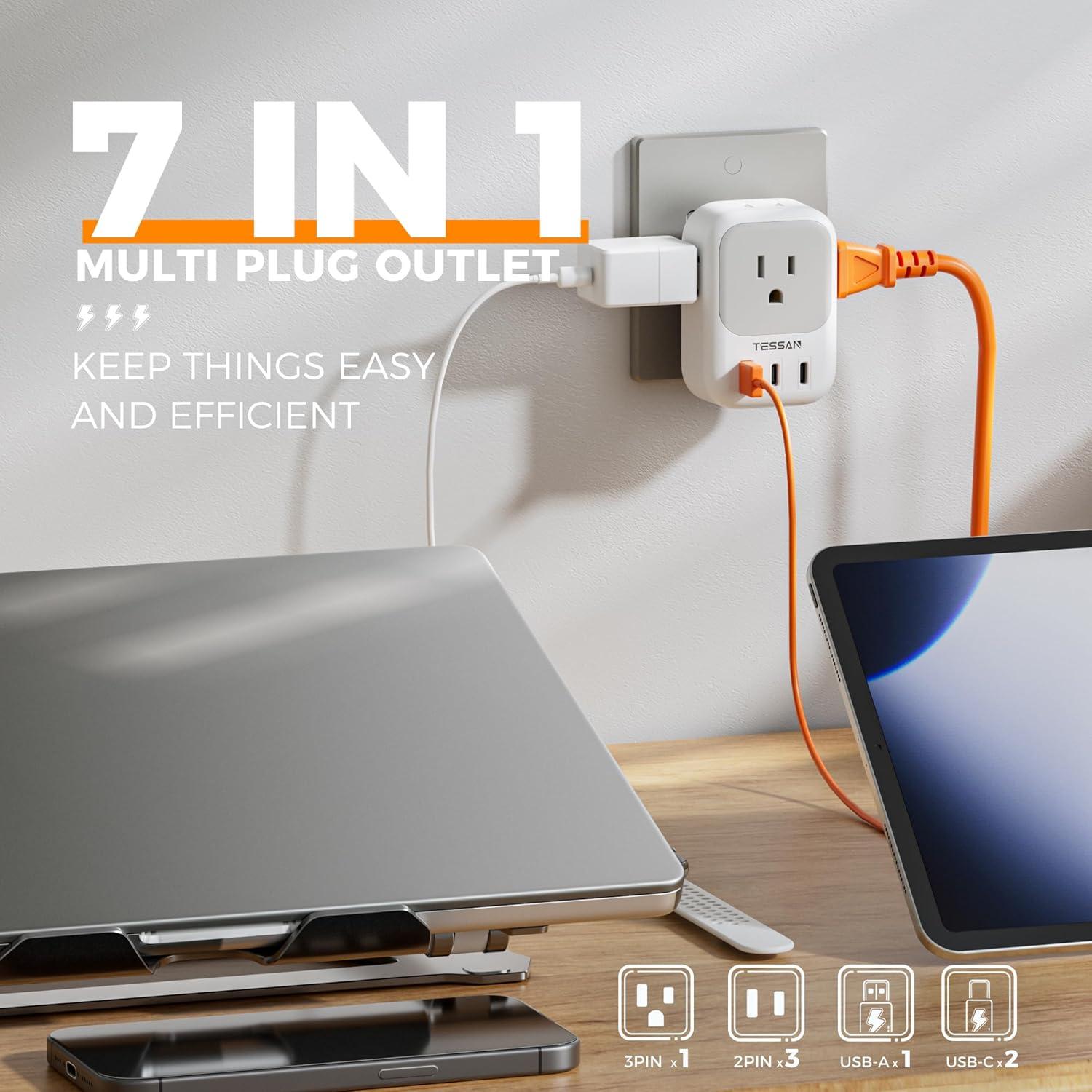 Cargador de Pared USB TESSAN 7 en 1 con 4 Salidas AC y 3 USB