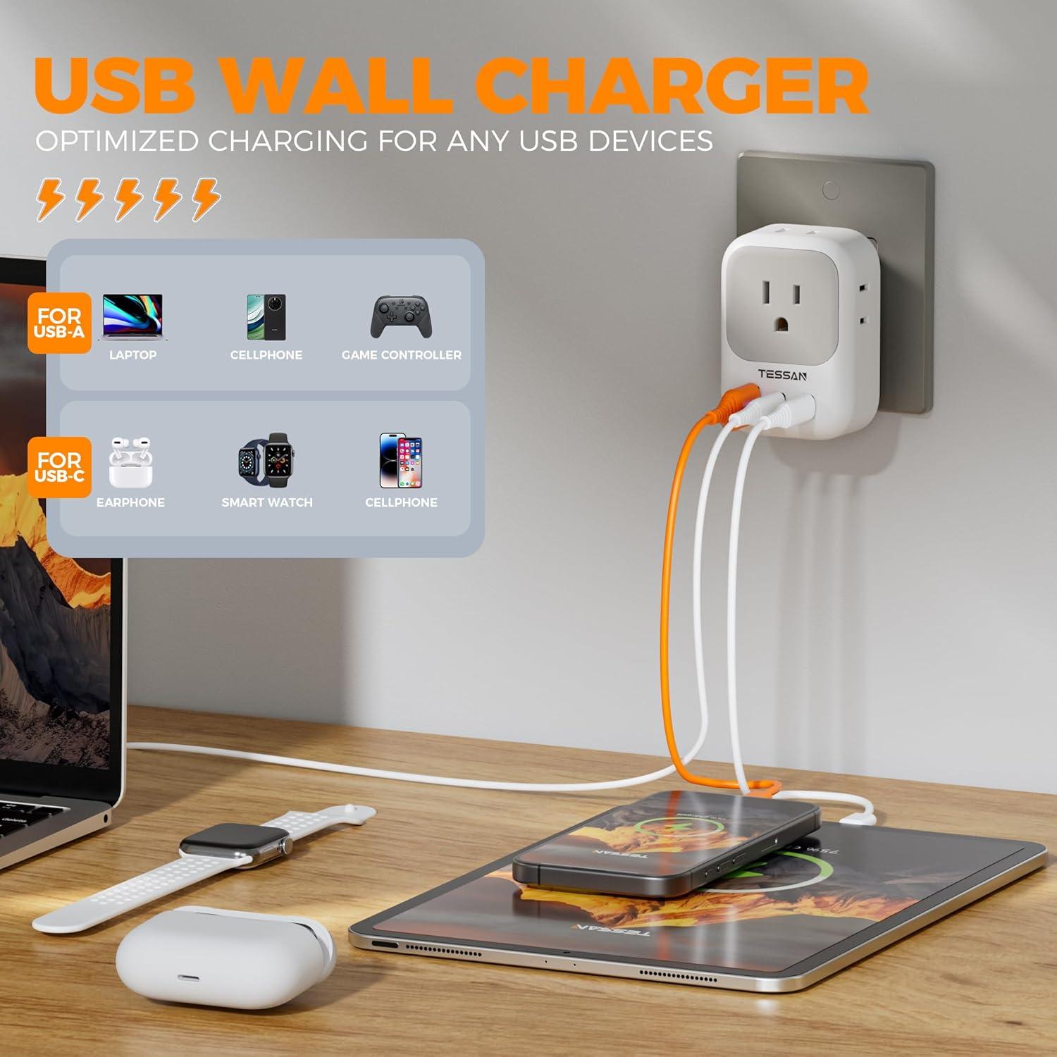 Cargador de Pared USB TESSAN 7 en 1 con 4 Salidas AC y 3 USB