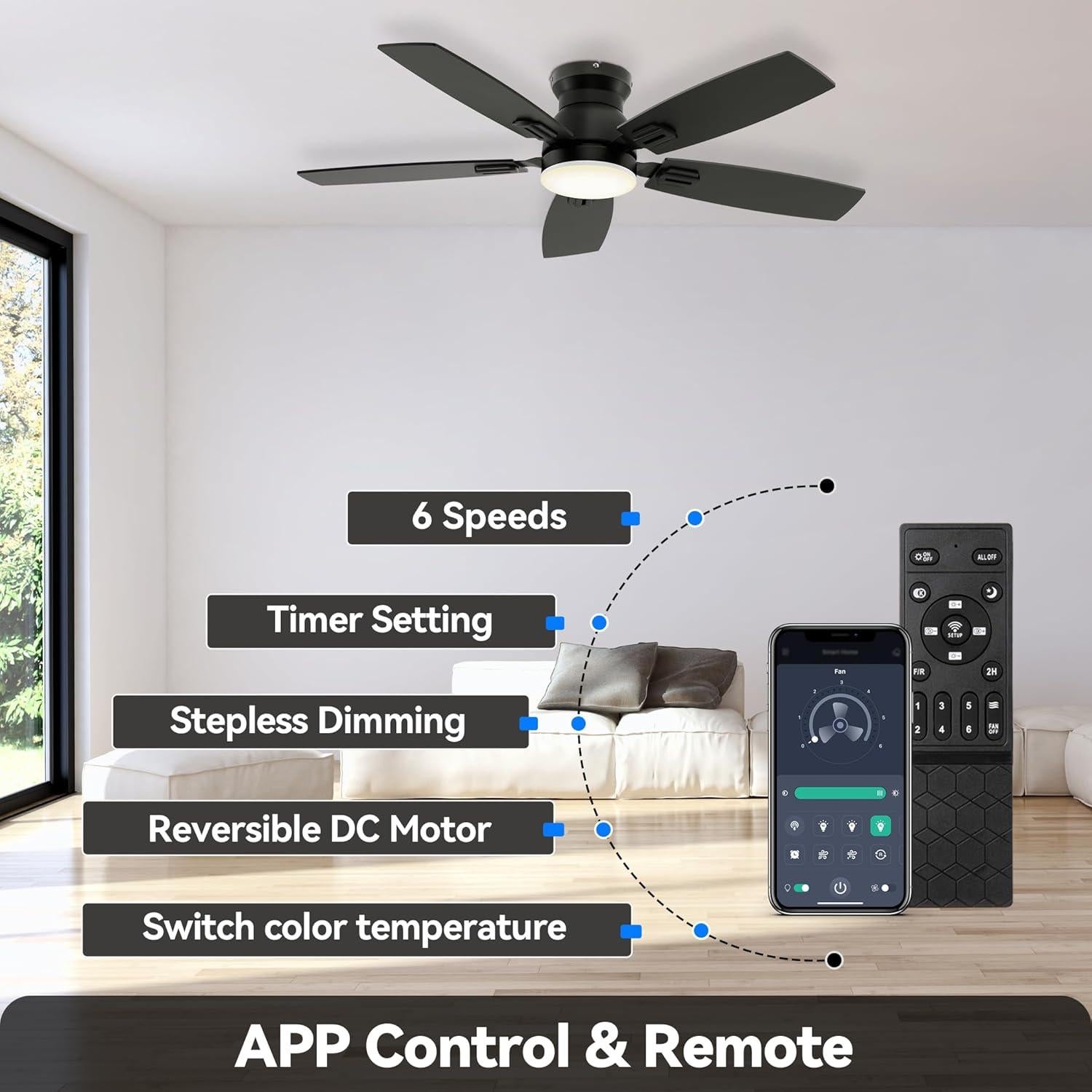 Ventilador de Techo SUNMORY 106.68 cm con Luz LED y Control Remoto