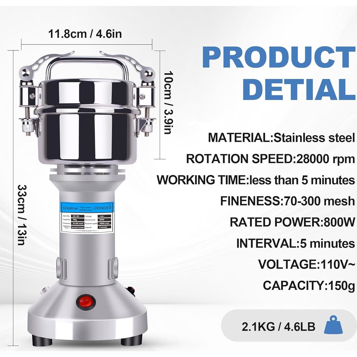 Molino de Granos Eléctrico Greatrue 150g Acero Inoxidable
