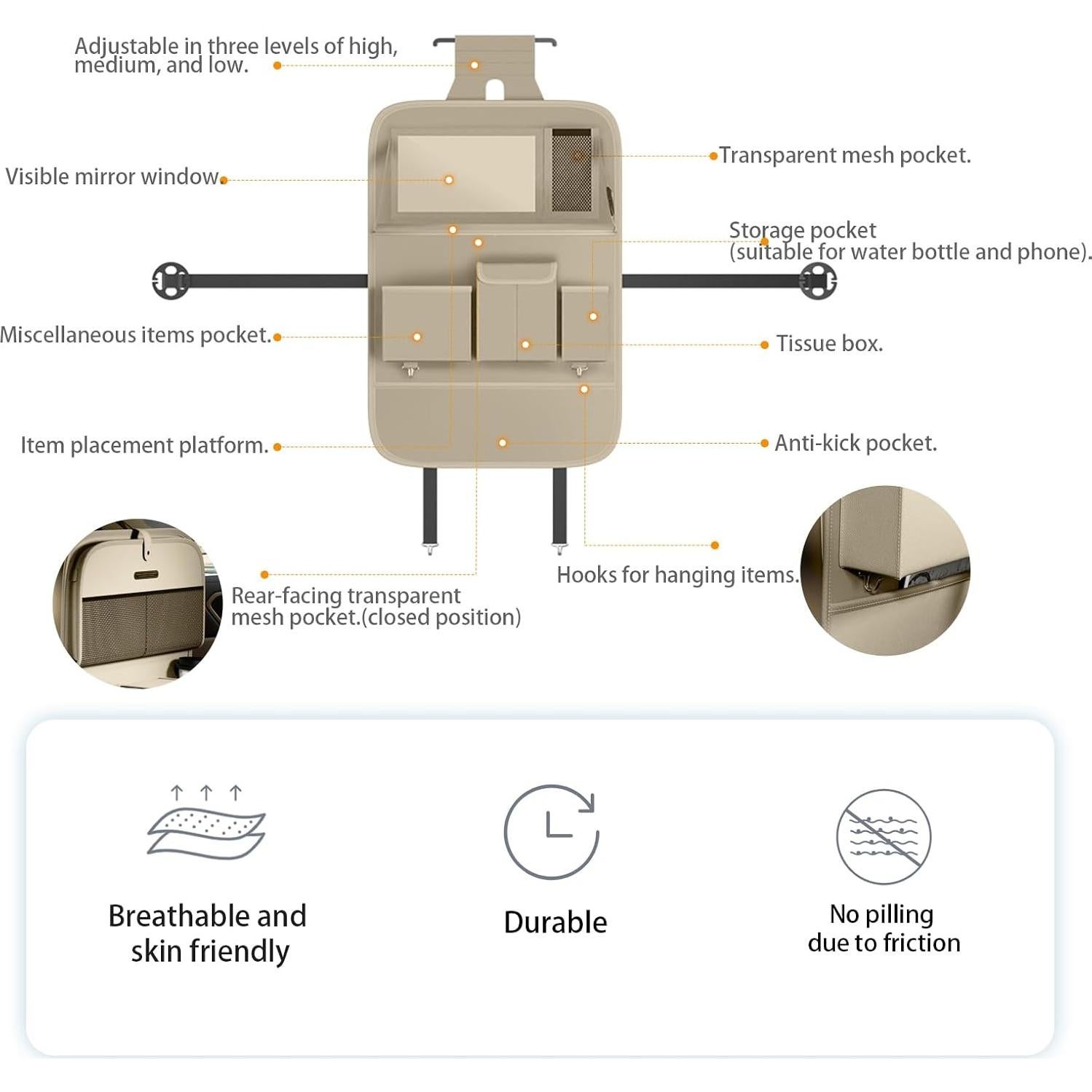 Organizador de Asiento Trasero Aiuwo XYBD con Mesa Plegable Beige