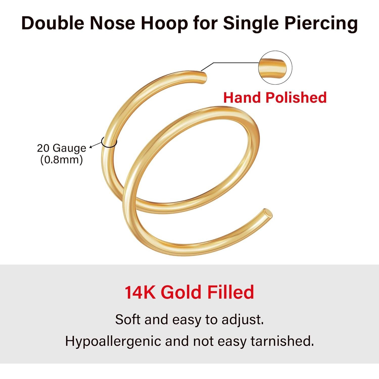 Anillo de nariz doble oro 14K 6mm 20g hipoalergénico