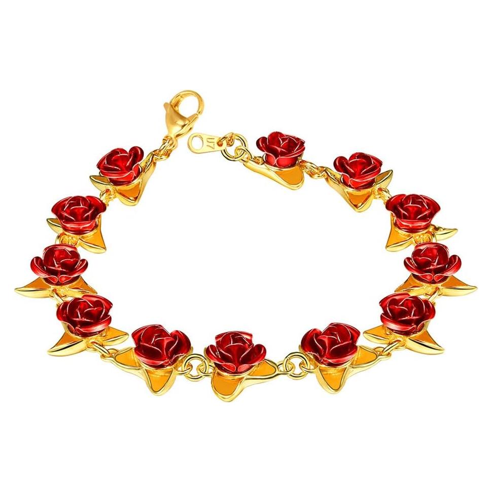 Pulsera de Rosa Roja U7 en Oro 18K para Mujeres 19CM