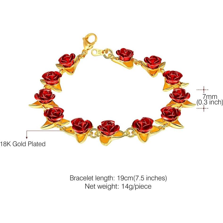 Pulsera de Rosa Roja U7 en Oro 18K para Mujeres 19CM